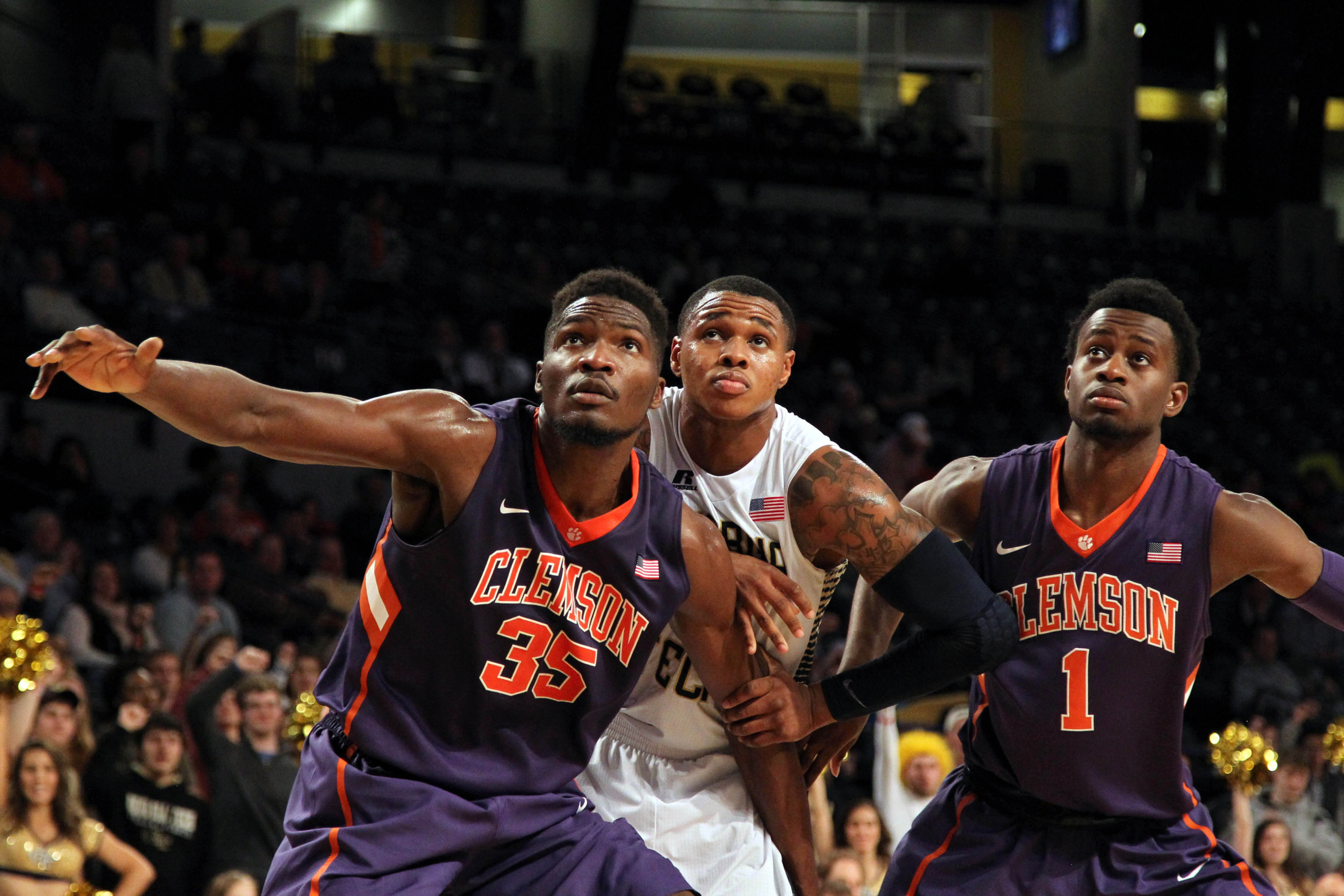 Clemson Tigers center Landry Nnoko (35) and guard Austin Ajukwa (1) box out Georgia Tech Yellow Jackets forward Marcus Georges-Hunt (3) in the second half at McCamish Pavilion. Georgia Tech defeated Clemson 63-52. Mandatory Credit: Brett Davis-USA TODAY Sports