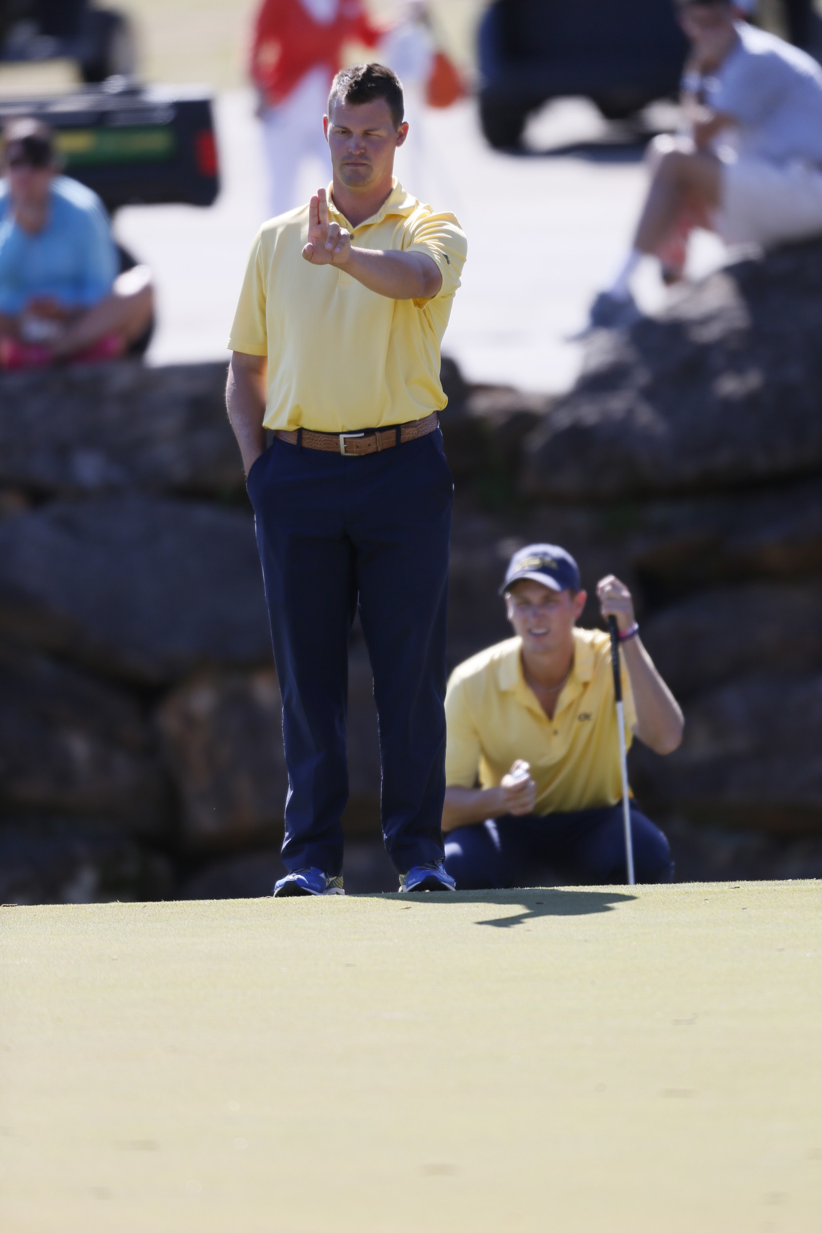 Georgia Tech assistant coach Jeff Pierce with Vincent Whaley during the second round of the Clemson Invitational on April 2, 2016. (mandatory copyright: Vern Verna / Ai Wire)