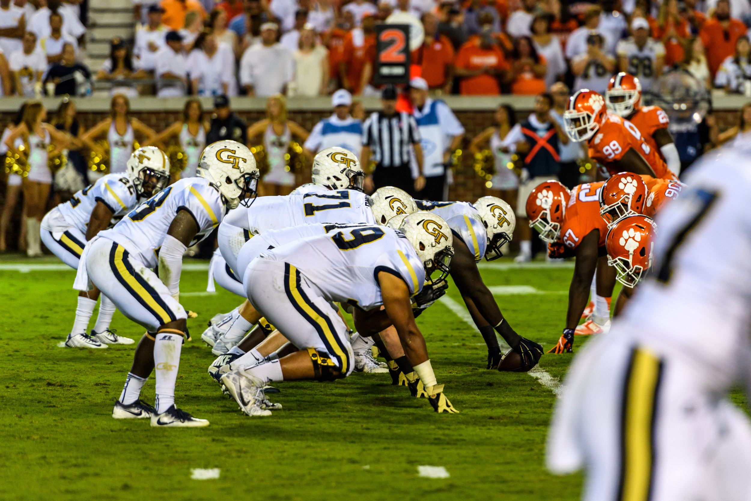 Offensive line gets set versus Clemson on Sept. 22, 2016.