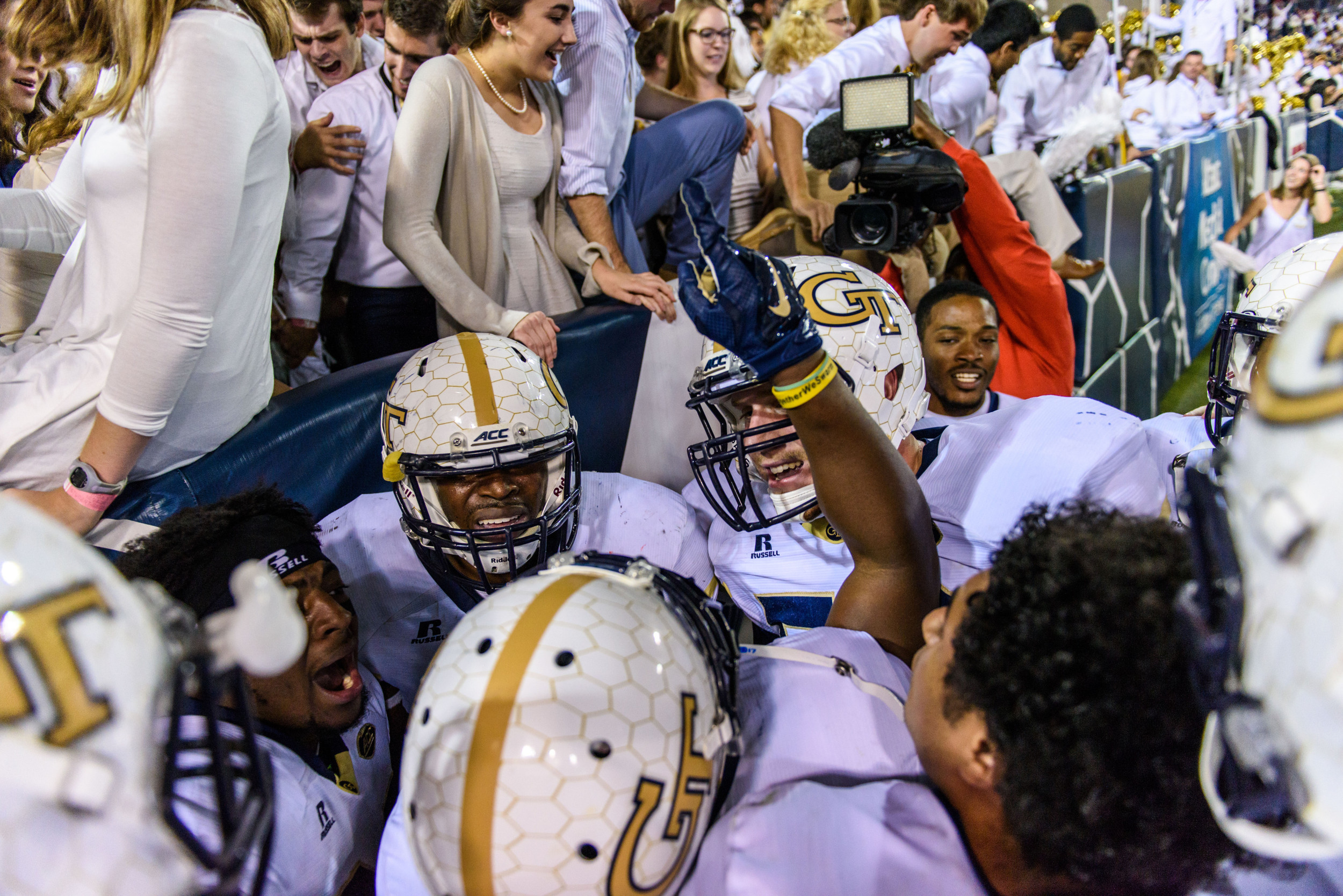 Georgia Tech players celebrate Lance Austin's TD