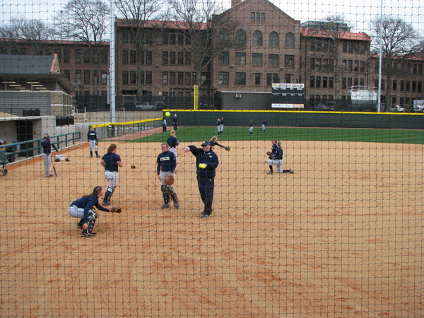 Softball team practices in its new stadium for the first time.
