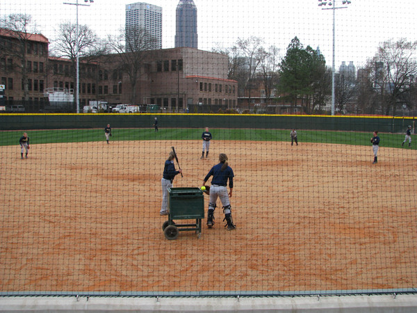 Softball team practices in its new stadium for the first time.
