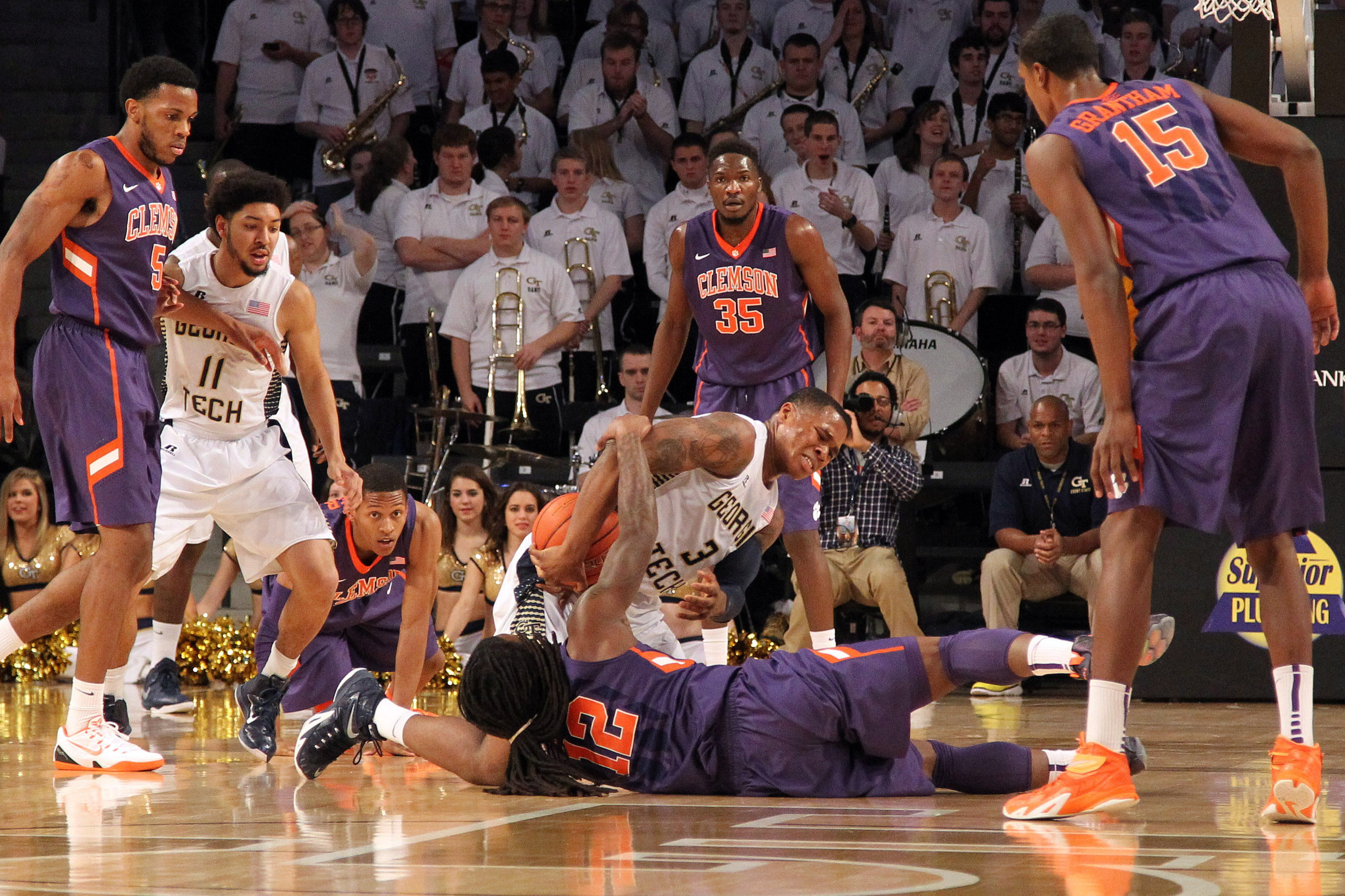 Clemson Tigers guard Rod Hall (12) and Georgia Tech Yellow Jackets forward Marcus Georges-Hunt (3) fight for a loose ball in the first half at McCamish Pavilion. Mandatory Credit: Brett Davis-USA TODAY Sports