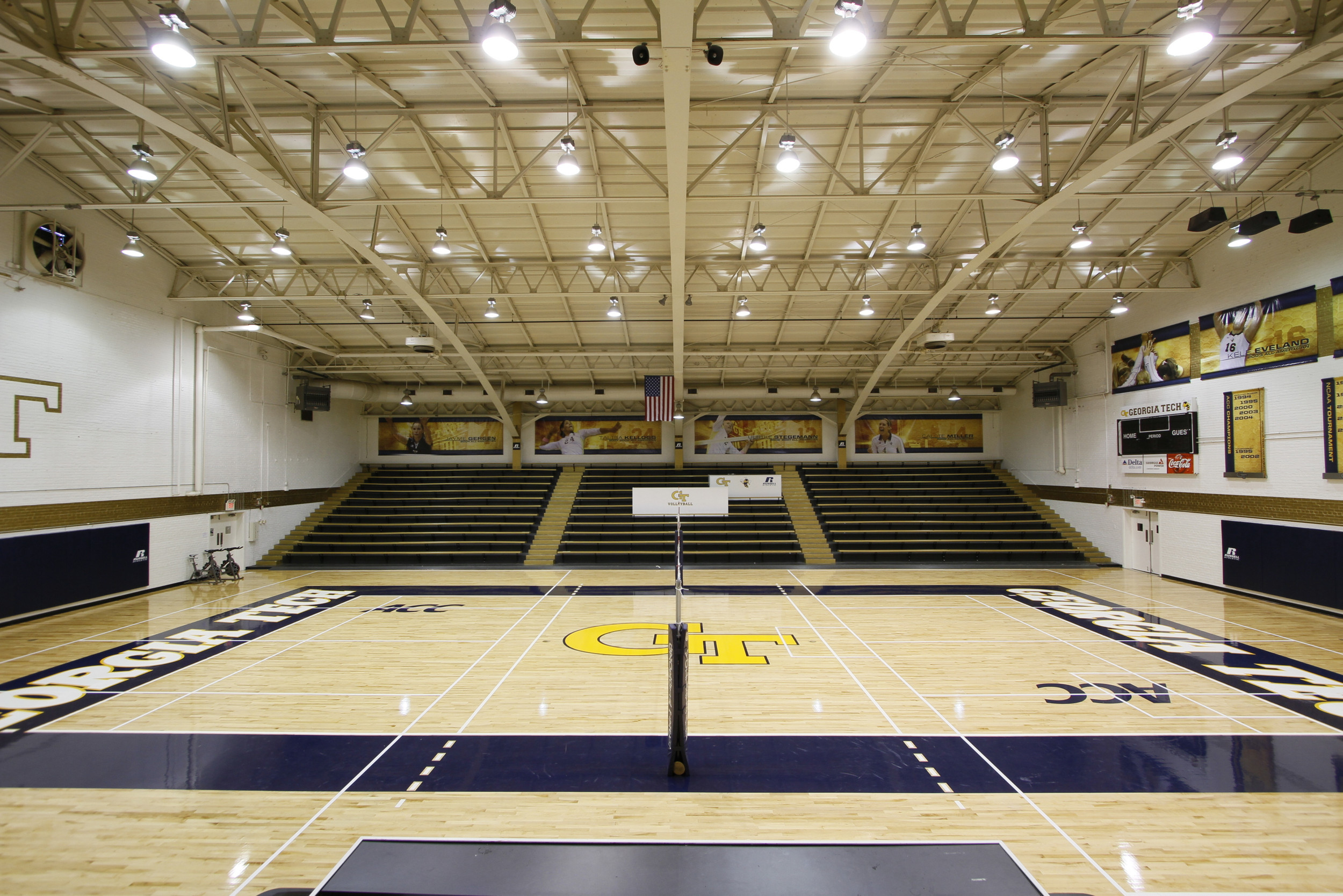 O'Keefe Gym has a new look with a new floor and banners.
