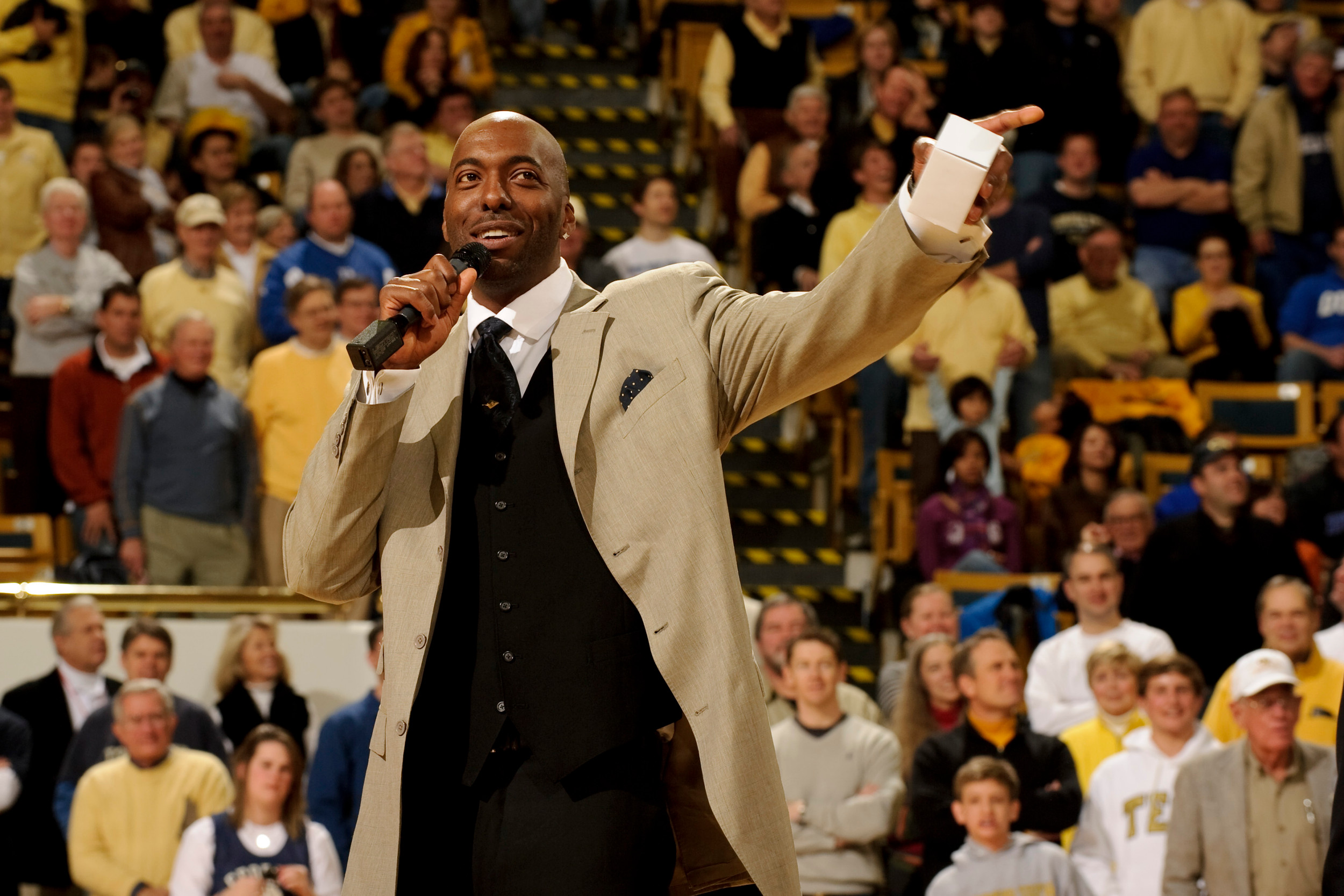 Jan 9, 2010; Atlanta, GA, USA; Former Georgia Tech Yellow Jackets player and NBA player John Salley speaks to the crowd during halftime against the Duke Blue Devils at Alexander Memorial Coliseum. Georgia Tech defeated Duke 71-67. Mandatory Credit: Paul Abell-Abell Images