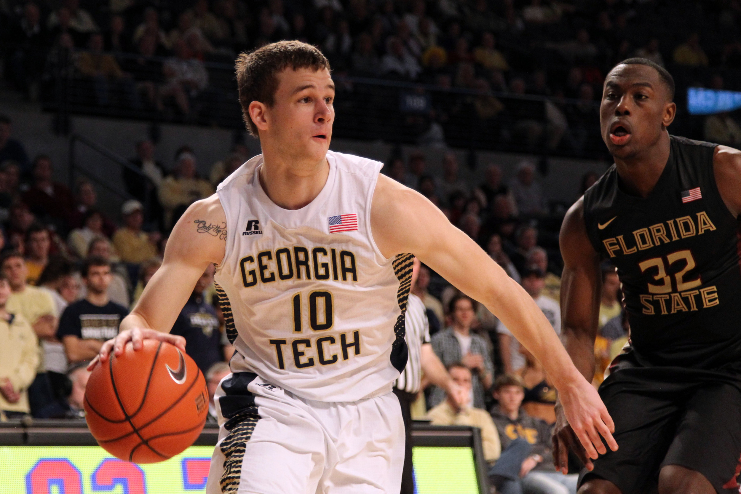 Feb 14, 2015; Atlanta, GA, USA; Georgia Tech Yellow Jackets guard Travis Jorgenson (10) drives to the basket against the Florida State Seminoles in the second half at McCamish Pavilion. Florida State defeated Georgia Tech 57-53.