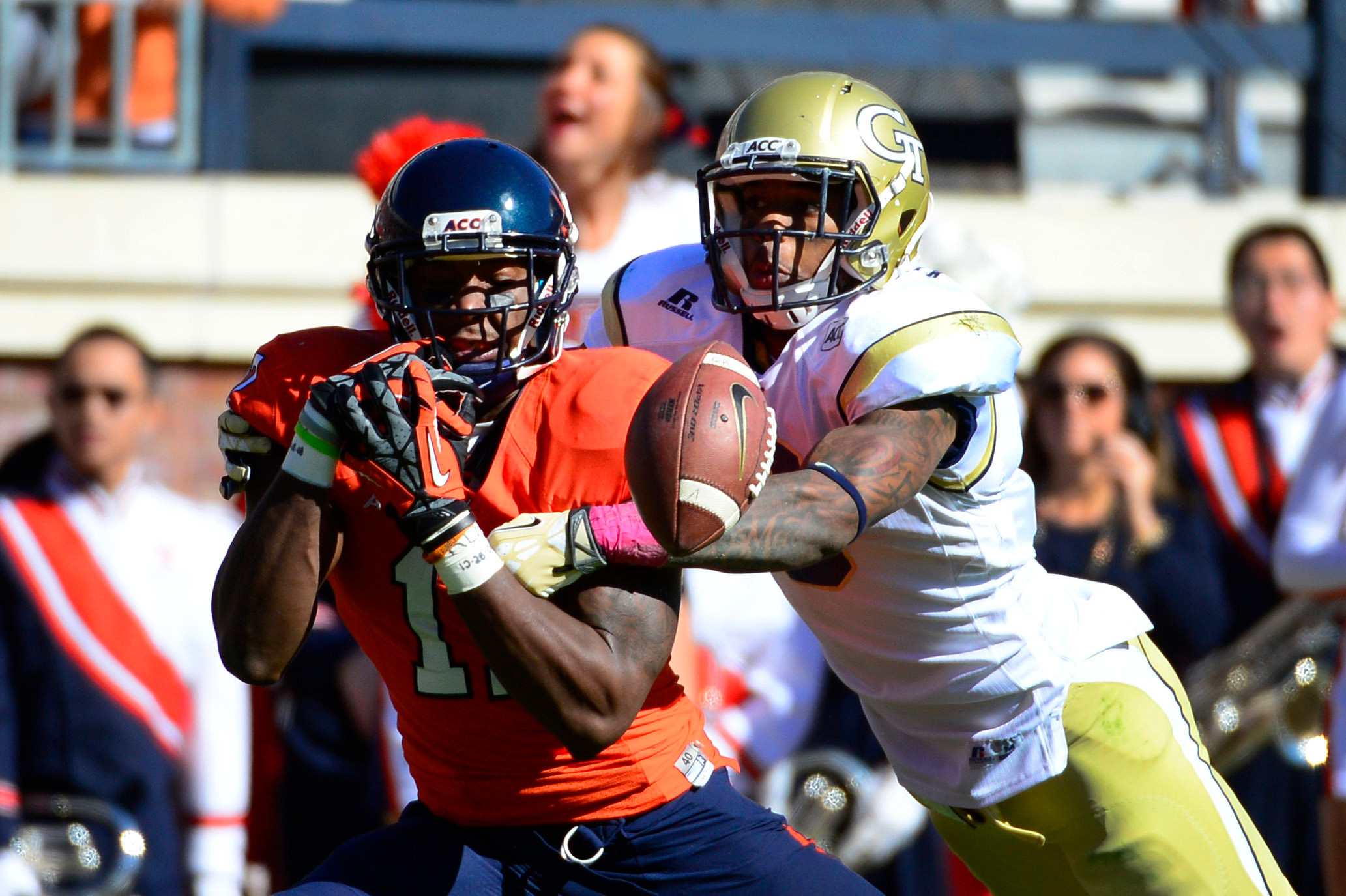 Louis Young (8) breaks up a pass at the goal line intended for Virginia Cavaliers wide receiver Miles Gooch (17). Mandatory Credit: Bob Donnan-USA TODAY Sports