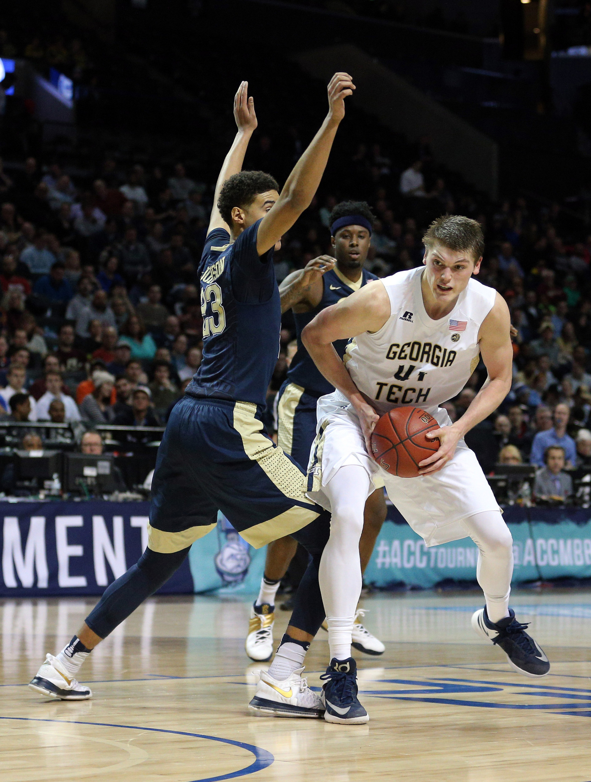 Center Ben Lammers controls the ball against Pittsburgh Panthers guard Cameron Johnson during the first half of an ACC Conference Tournament game at Barclays Center. Credit: Brad Penner-USA TODAY Sports