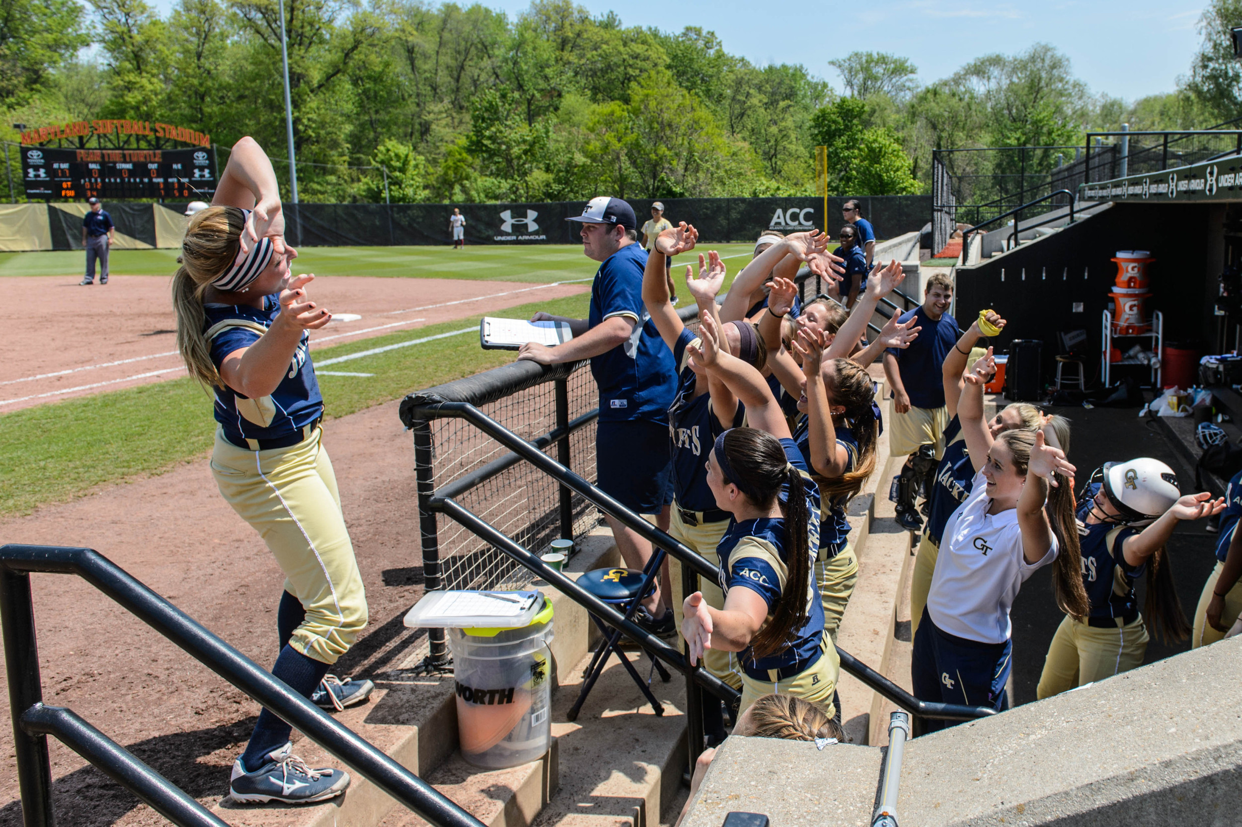 The dugout celebrates