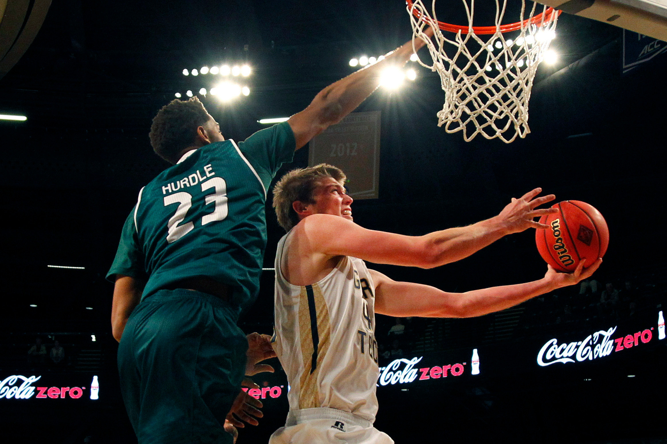 Green Bay Phoenix forward Jamar Hurdle defends Georgia Tech Yellow Jackets center Ben Lammers in the first half at McCamish Pavilion. Credit: Brett Davis-USA TODAY Sports