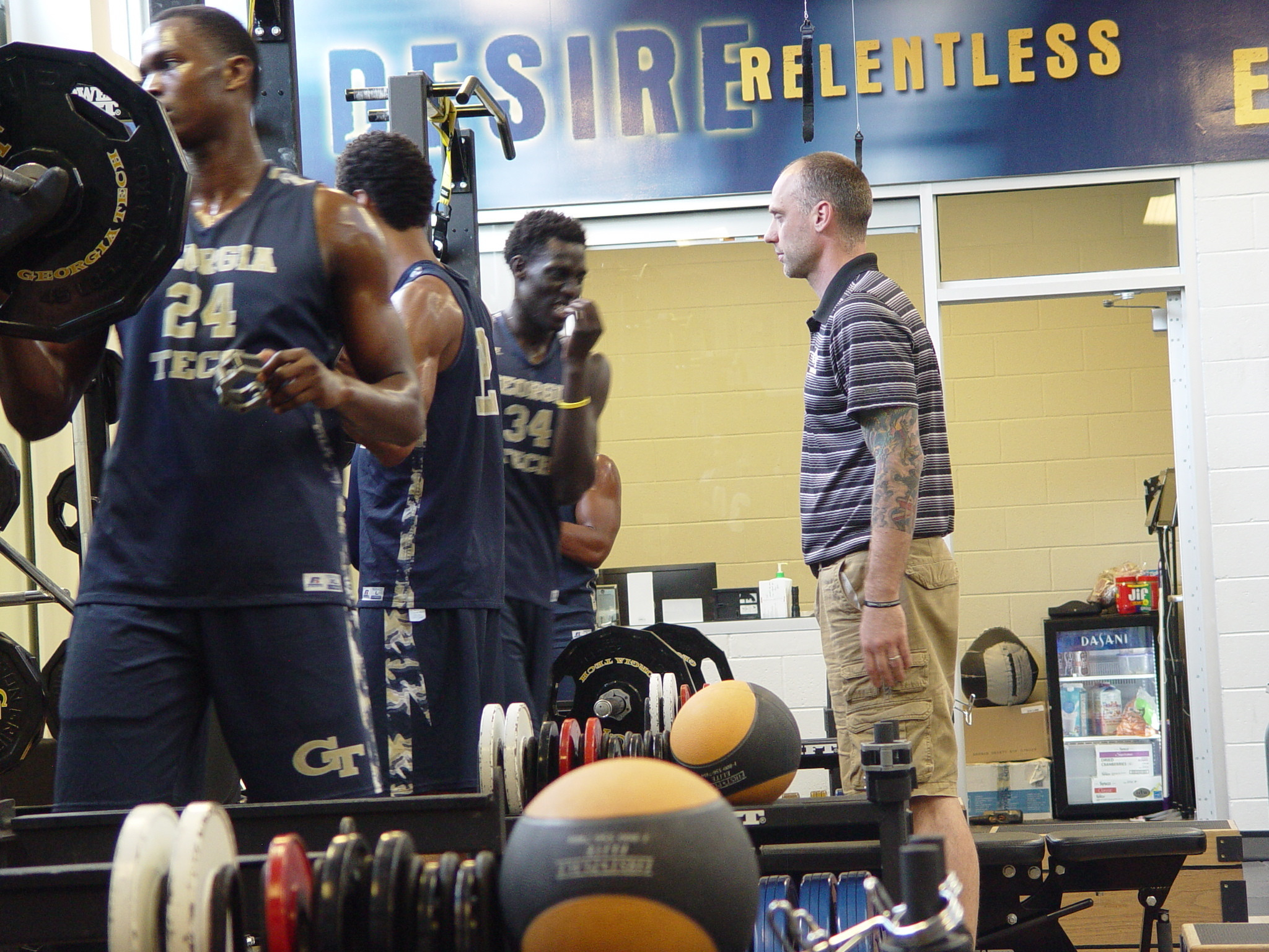 Player development coach Dan Taylor takes the Georgia Tech men's basketball team through a workout on June 16, 2016 in the Zelnak Center weight room.