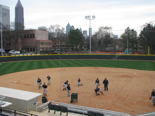 Softball team practices in its new stadium for the first time.