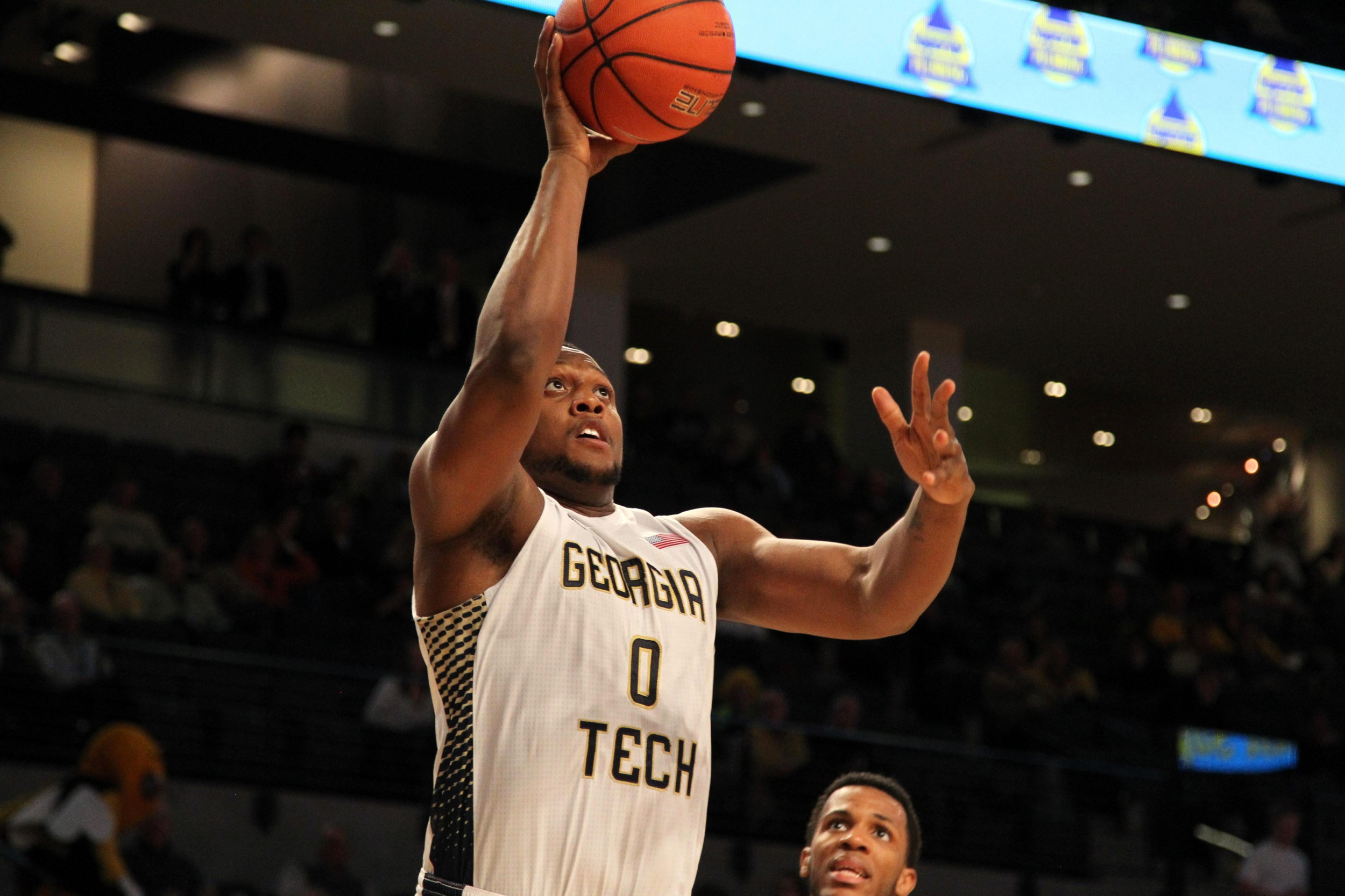 Georgia Tech Yellow Jackets forward Charles Mitchell (0) shoots the ball against the Clemson Tigers in the second half at McCamish Pavilion. Georgia Tech defeated Clemson 63-52. Mandatory Credit: Brett Davis-USA TODAY Sports