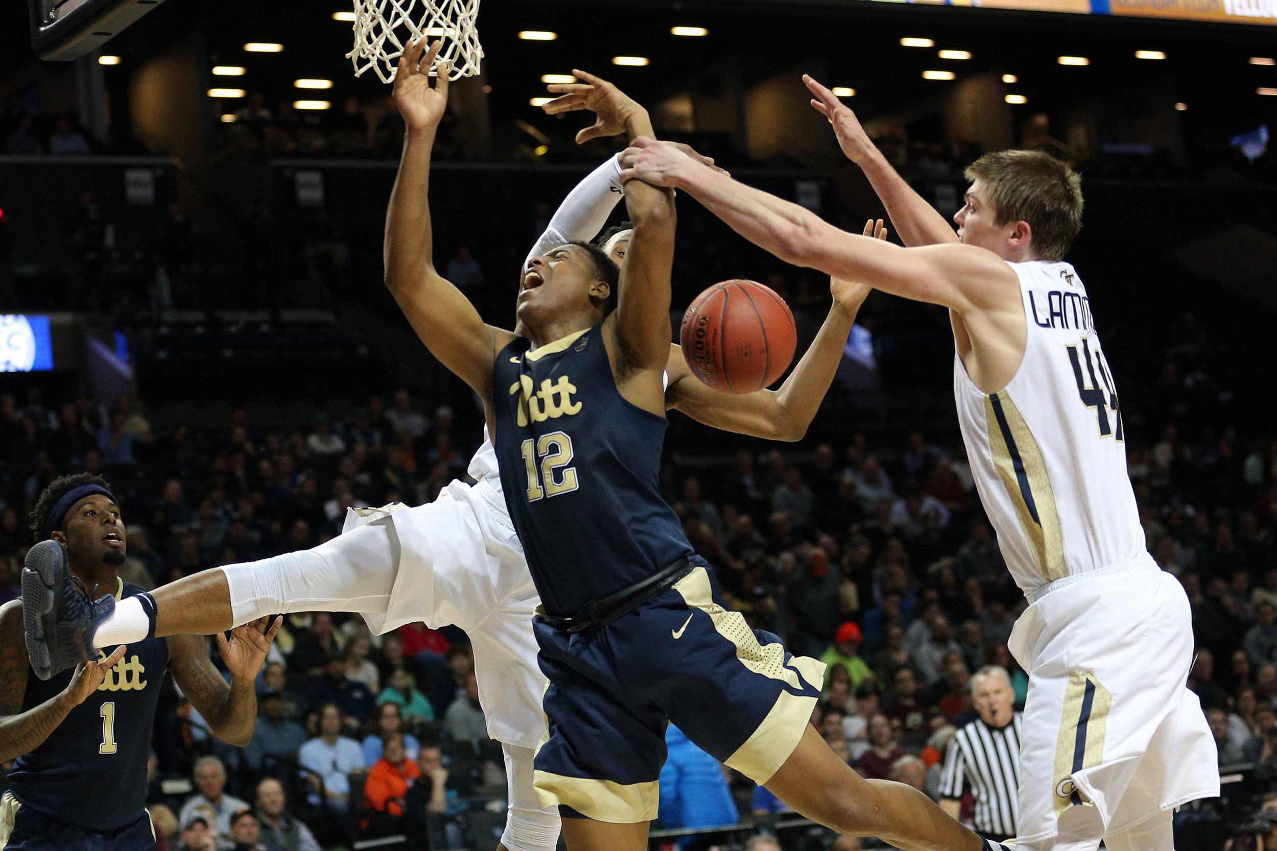 Center Ben Lammers steals the ball during the second half of an ACC Conference Tournament game at Barclays Center. Mandatory Credit: Brad Penner-USA TODAY Sports