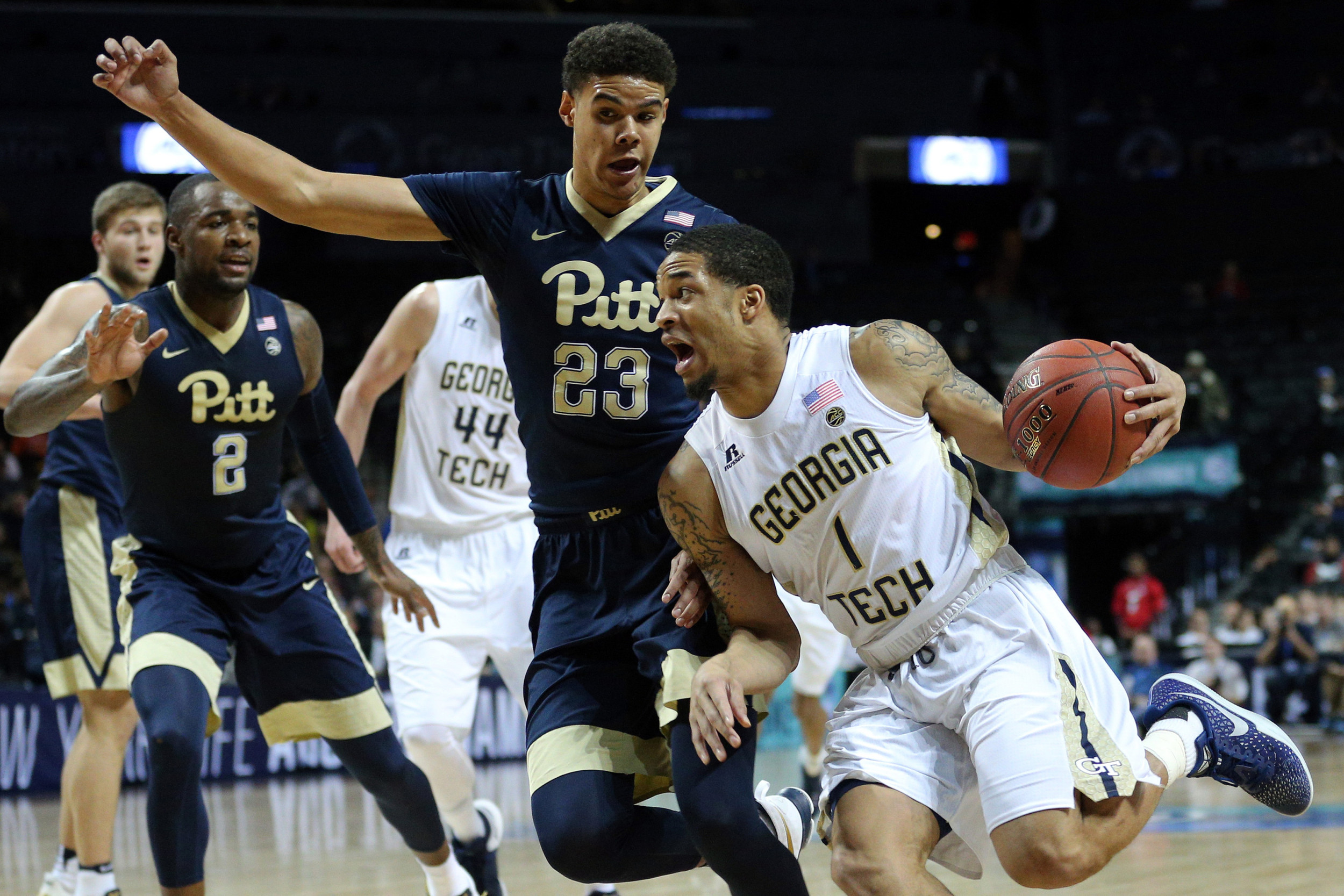 Guard Tadric Jackson drives against Pittsburgh Panthers guard Cameron Johnson during the first half of an ACC Conference Tournament game at Barclays Center. Credit: Brad Penner-USA TODAY Sports