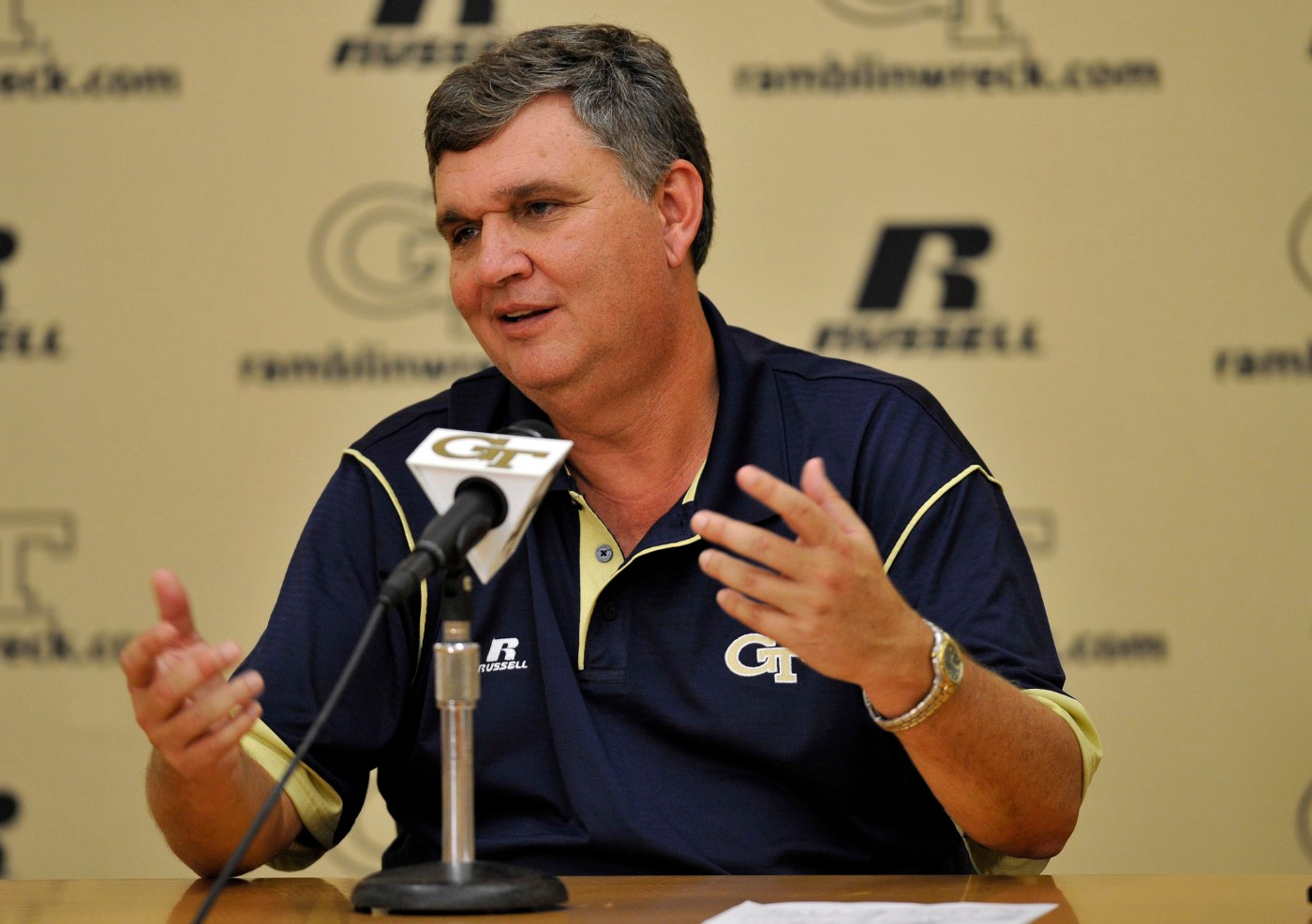 Head Coach Paul Johnson addresses the media following the game against Gardner-Webb. (Photo by LensEffects)