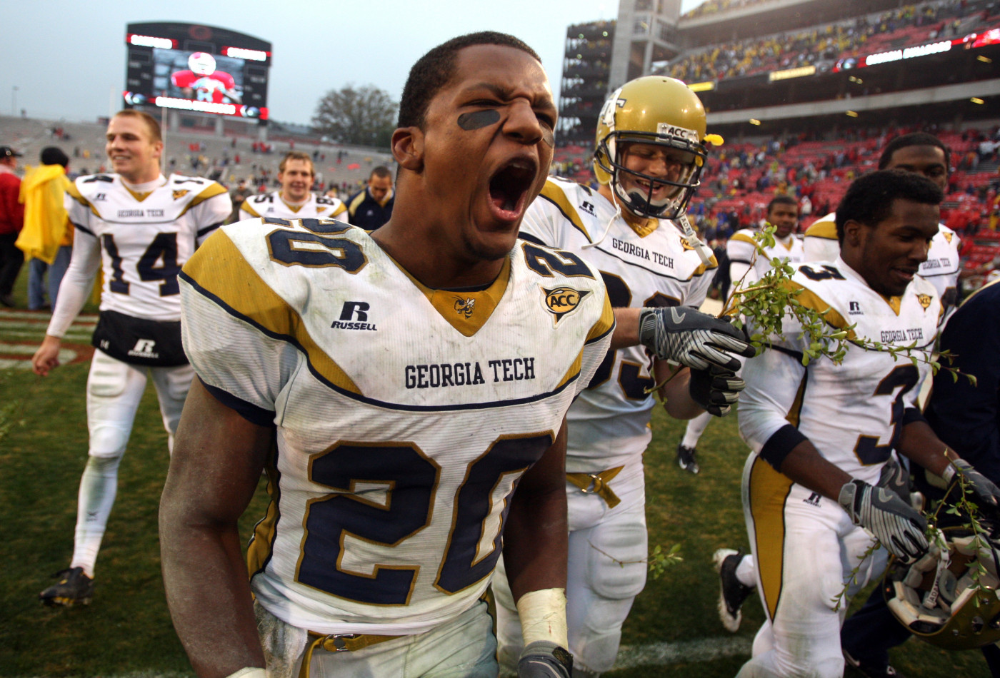 Roddy Jones celebrates Tech's 45-42 win over Georgia in Athens on Saturday Nov. 29, 2008. (AP Photo/Atlanta Journal Constitution, Brant Sanderlin) **