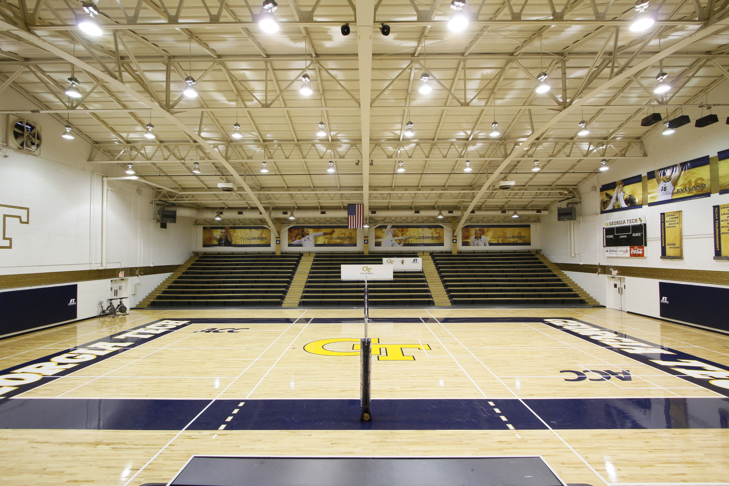 O'Keefe Gym has a new look with a new floor and banners.