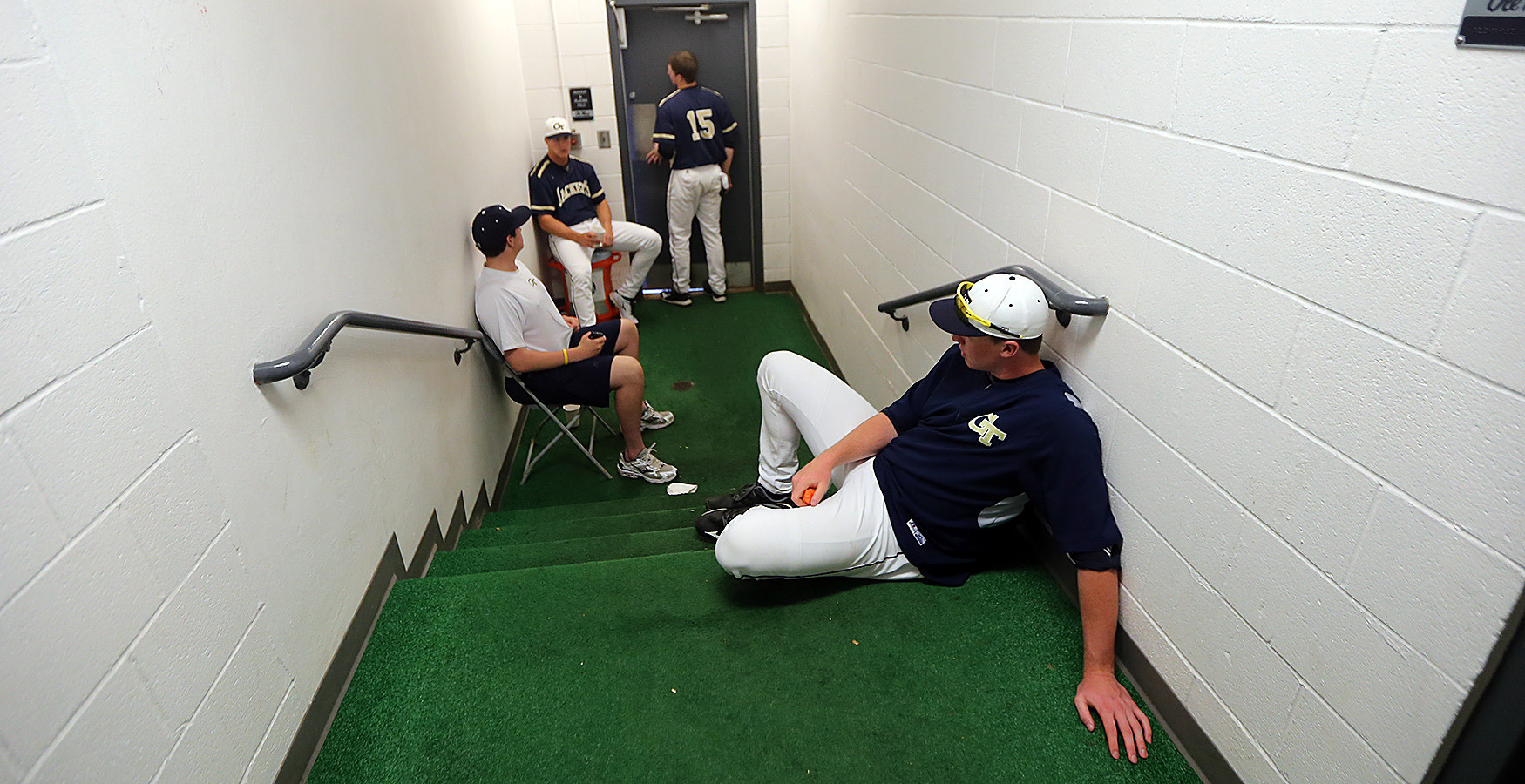 Georgia Tech players wait out the rain delay (Photo by Josh McCoy)