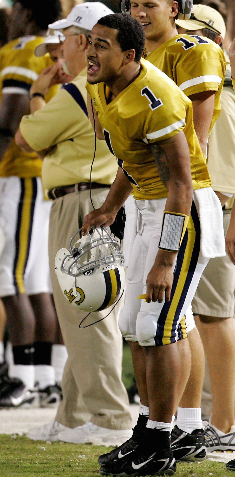 Georgia Tech quarterback Reggie Ball (1) reacts on the sidelines. (AP Photo/Ric Feld)