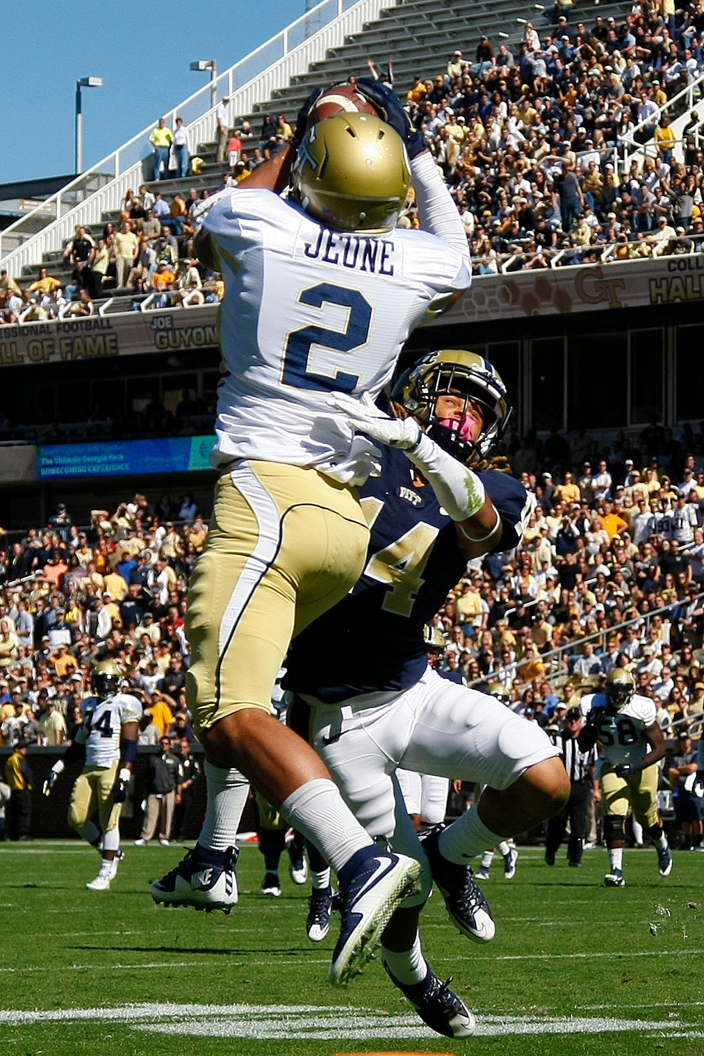 Yellow Jackets wide receiver Ricky Jeune (2) catches the ball over Pittsburgh Panthers defensive back Avonte Maddox (14) Brett Davis-USA TODAY Sports