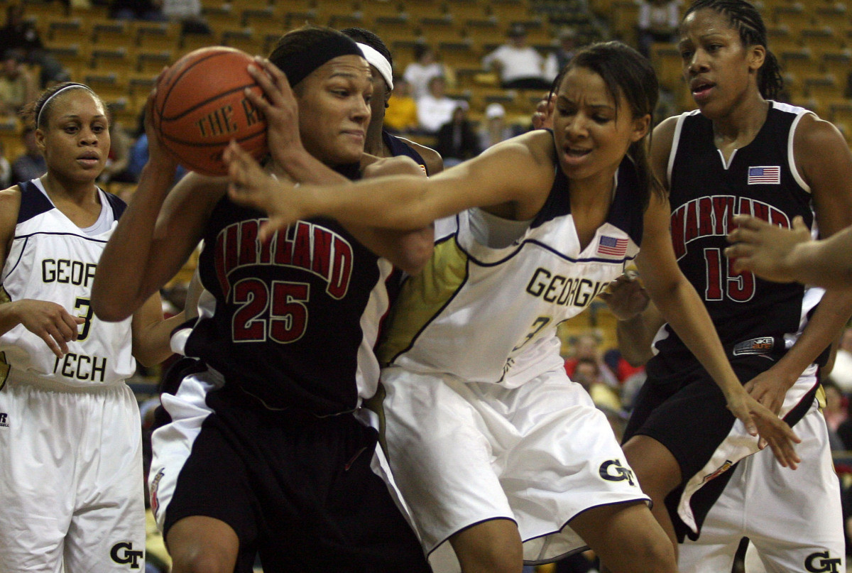 Georgia Tech's Tiffany Blackmon, right, puts pressure on Maryland's Marissa Coleman during their basketball game Thursday, Feb. 1, 2007, in Atlanta. Georgia Tech beat No. 4 Maryland 77-72.(AP Photo/Atlanta Journal-Constitution, Mikki K. Harris)