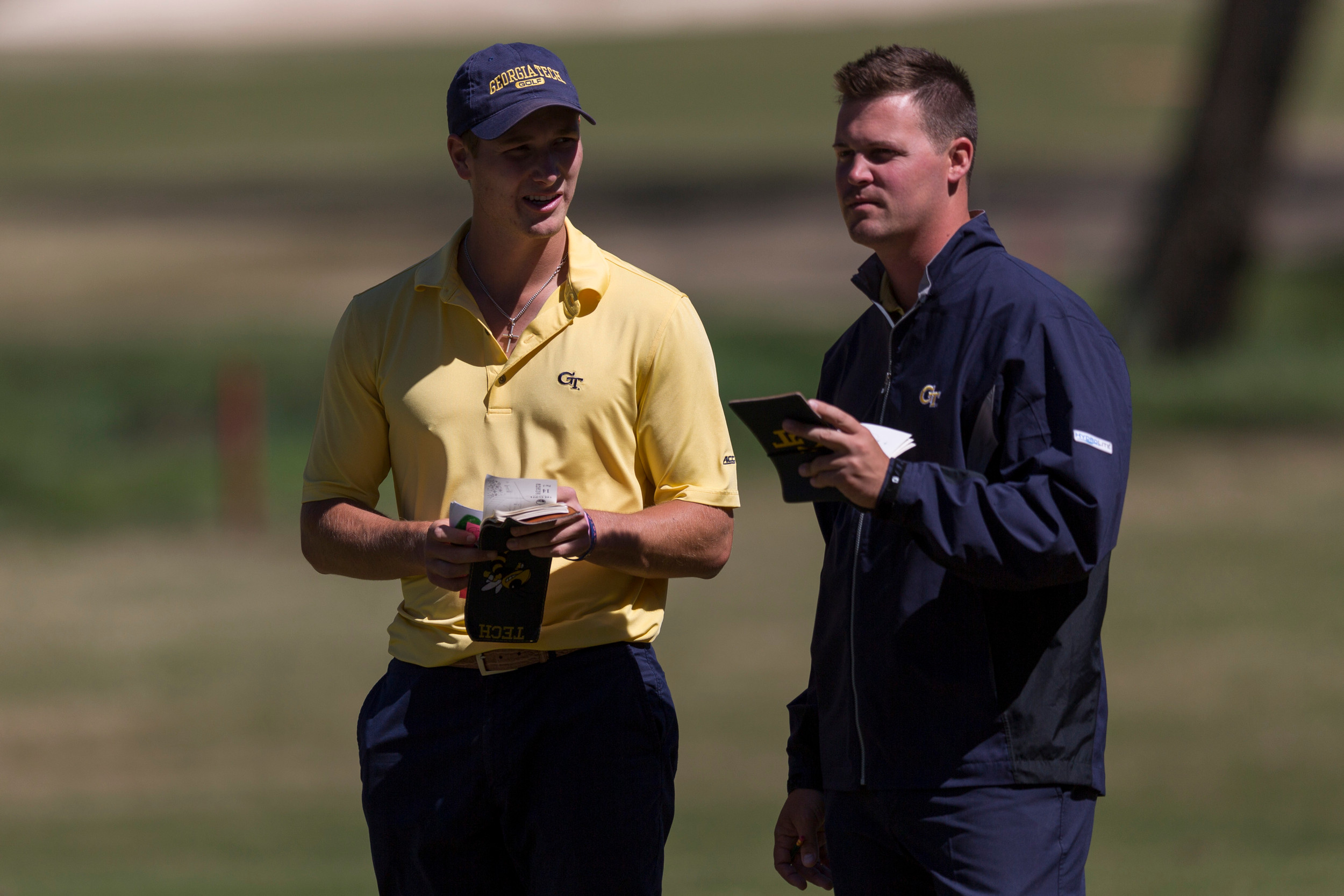 Vincent Whaley and assistant coach Jeff Pierce during the second round of the Clemson Invitational on April 2, 2016.