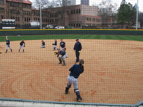 Softball team practices in its new stadium for the first time.