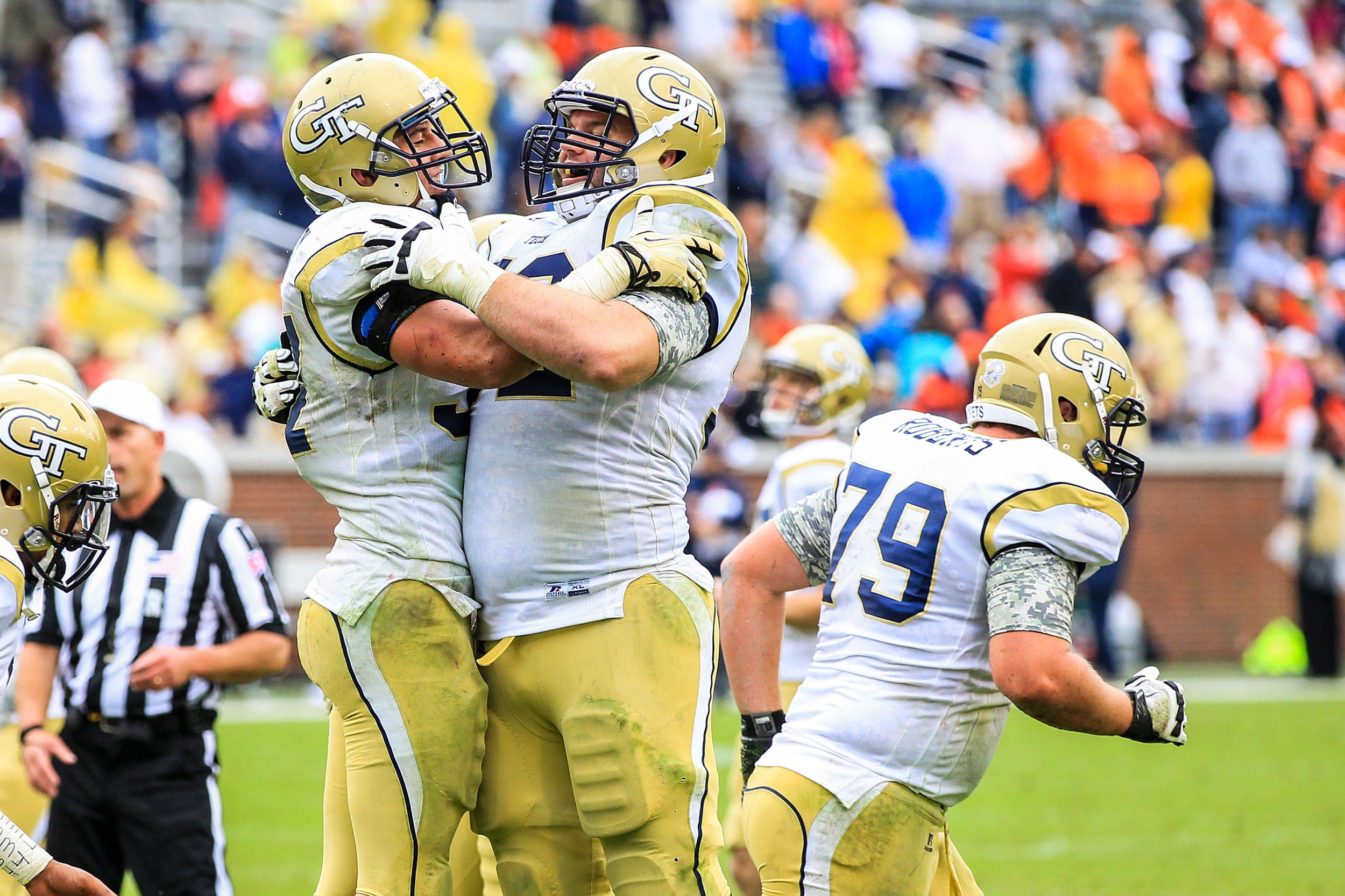 Zach Laskey (37) celebrates a touchdown with offensive linesman Morgan Bailey (72). Mandatory Credit: Daniel Shirey-USA TODAY Sports