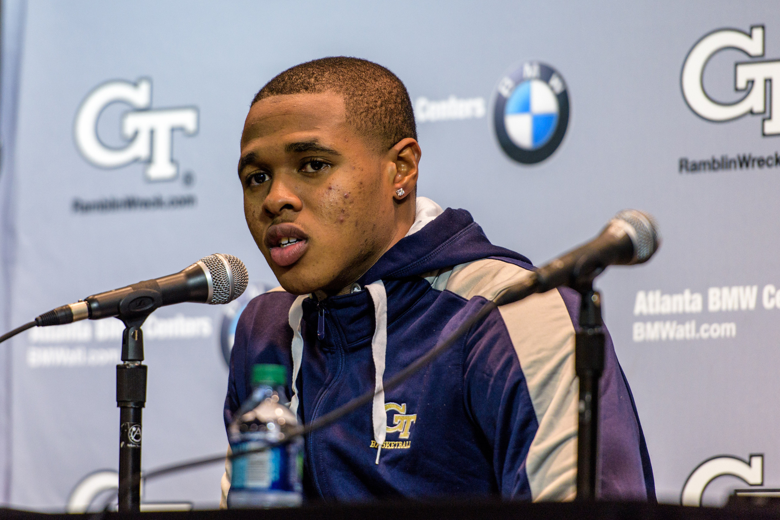Marcus Georges-Hunt (3) talks to the media in the postgame press conference