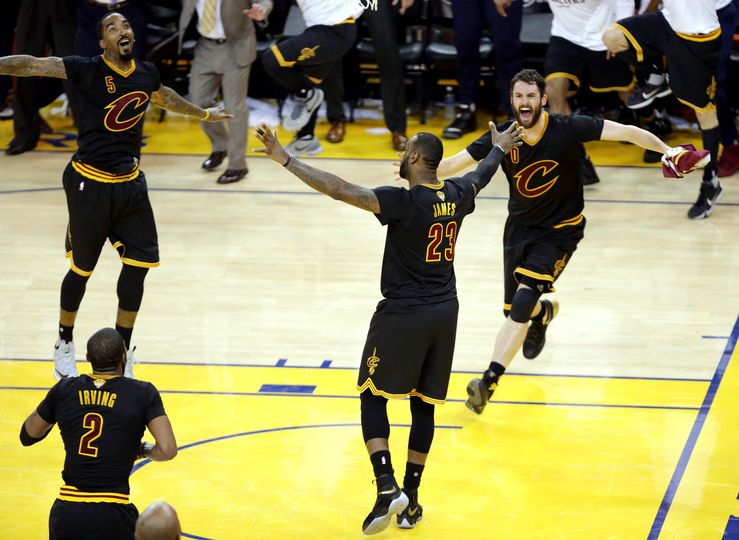 Jun 19, 2016; Oakland, CA, USA; The Cleveland Cavaliers celebrate after beating the Golden State Warriors in game seven of the NBA Finals. Credit: Kelley L Cox-USA TODAY Sports