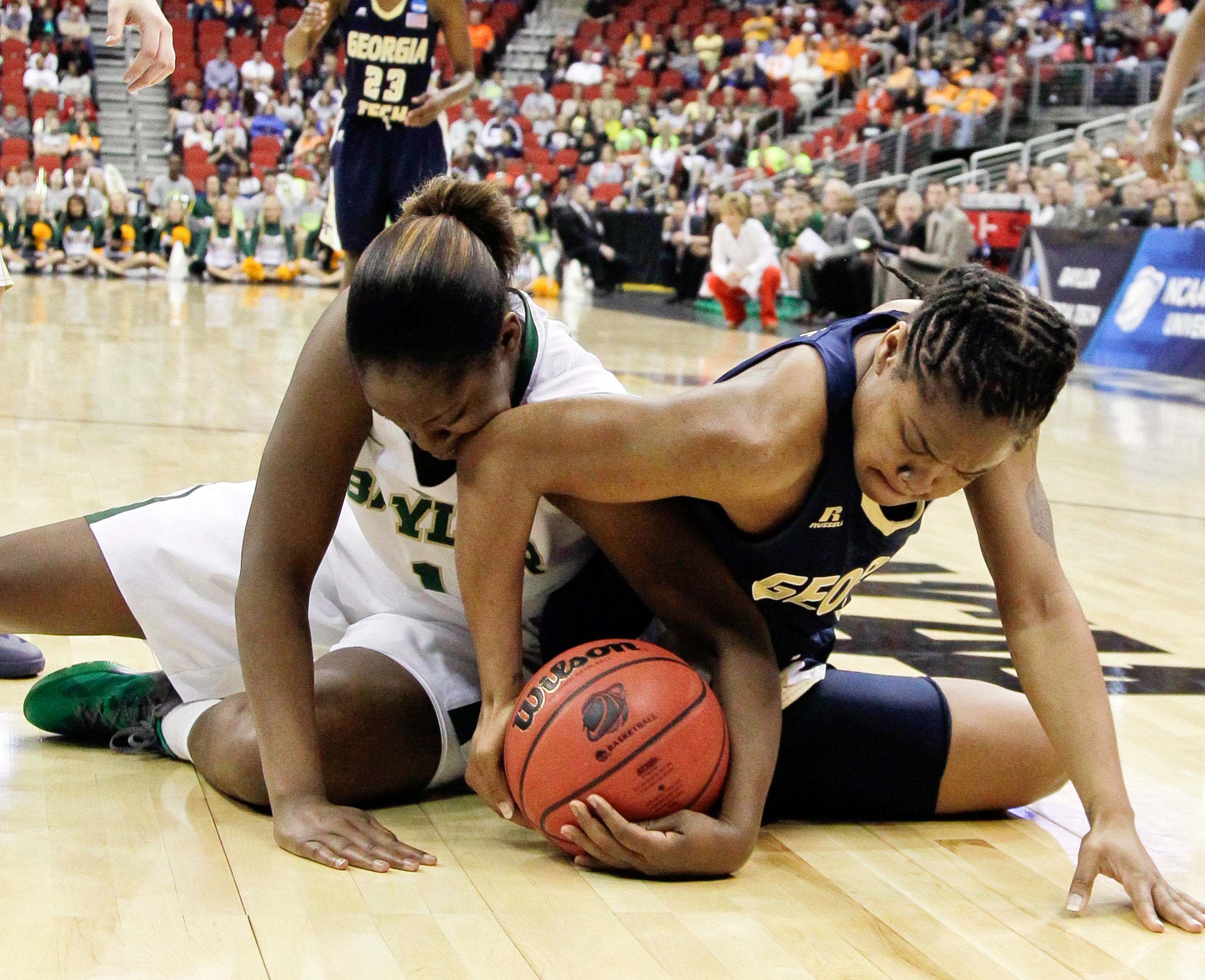 Georgia Tech's Dawnn Maye, right, and Baylor's Kimetria Hayden struggle for a loose ball in the second half. (AP Photo/Nati Harnik)