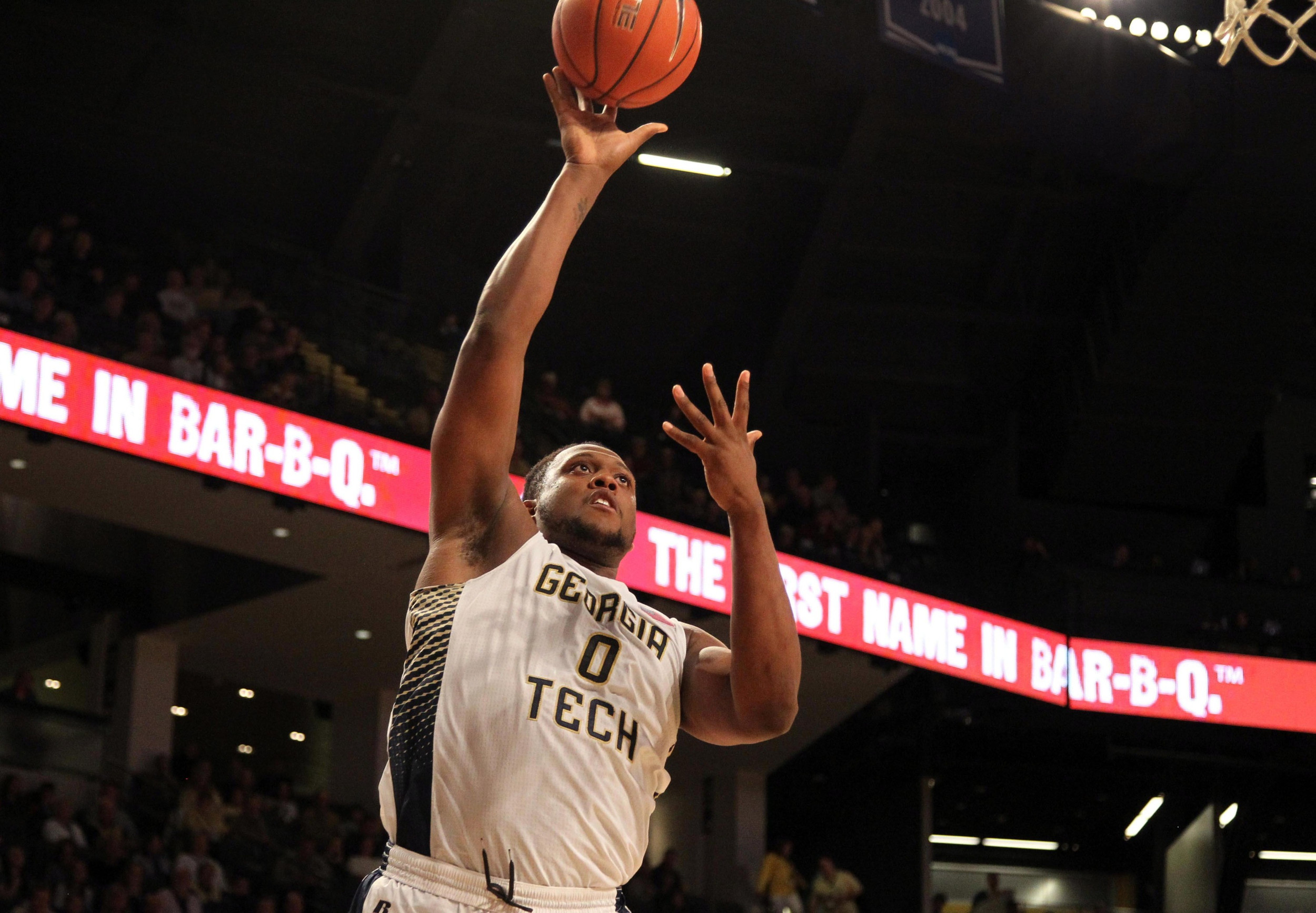Feb 14, 2015; Atlanta, GA, USA; Georgia Tech Yellow Jackets forward Charles Mitchell (0) shoots the ball against the Florida State Seminoles in the second half at McCamish Pavilion. Florida State defeated Georgia Tech 57-53.