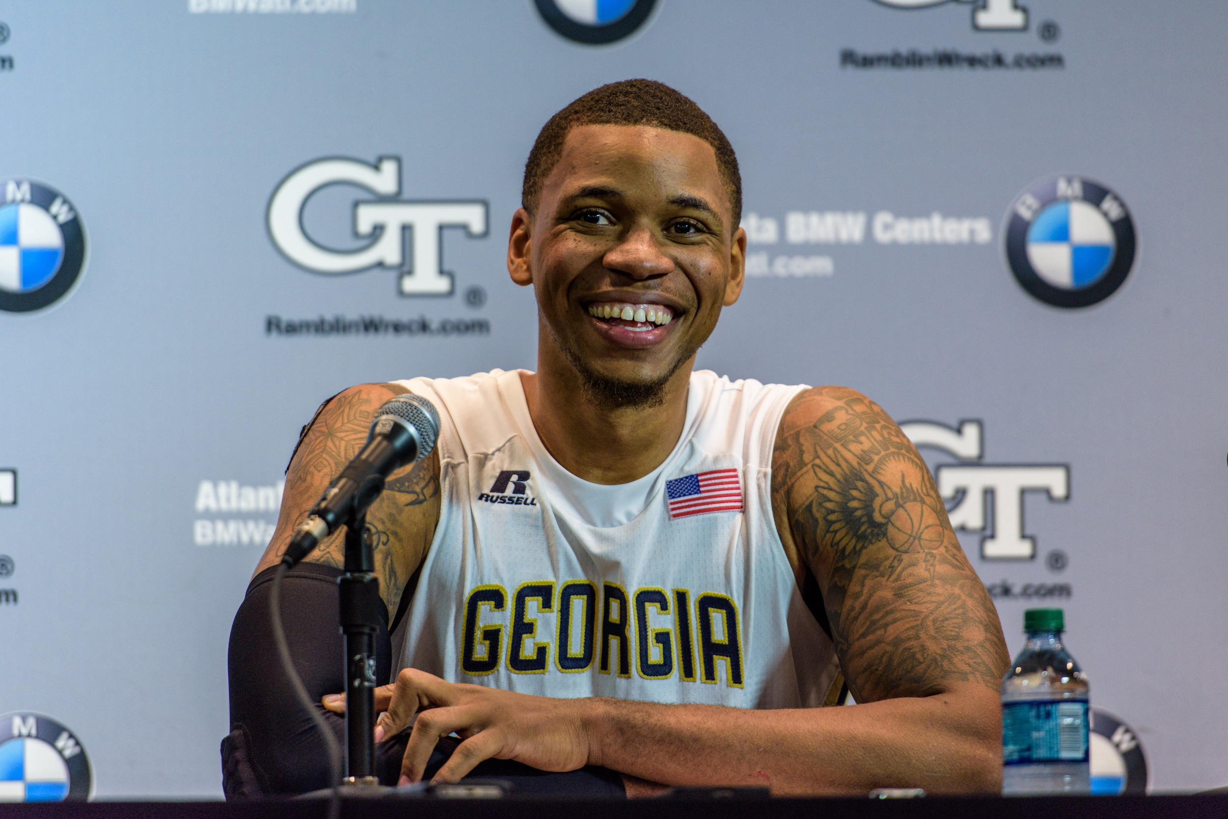 Nick Jacobs (32) talks to the media in the postgame press conference