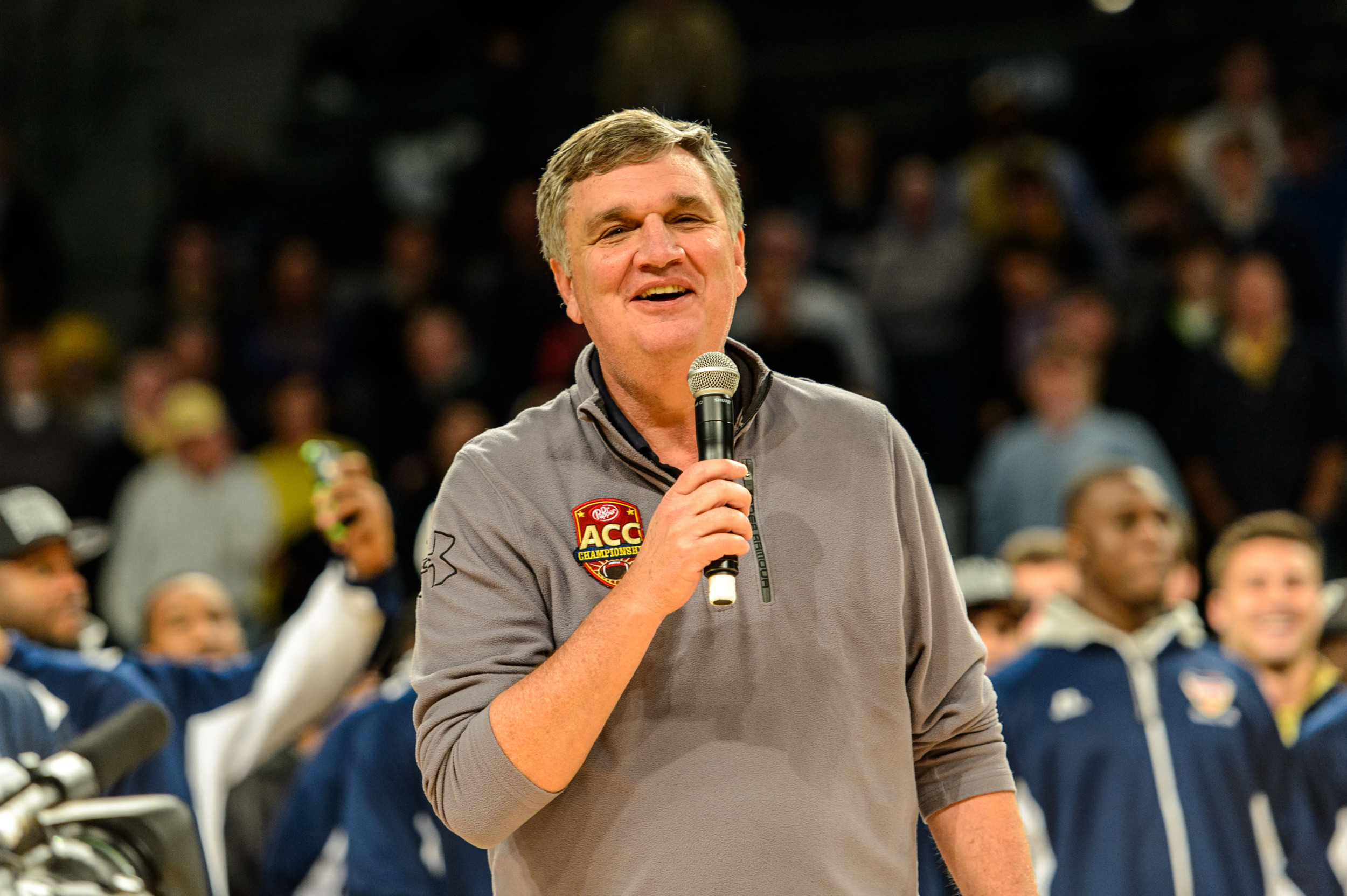 Coach Paul Johnson speaks to the crowd at halftime as the Orange Bowl Champion Yellow Jackets were honored