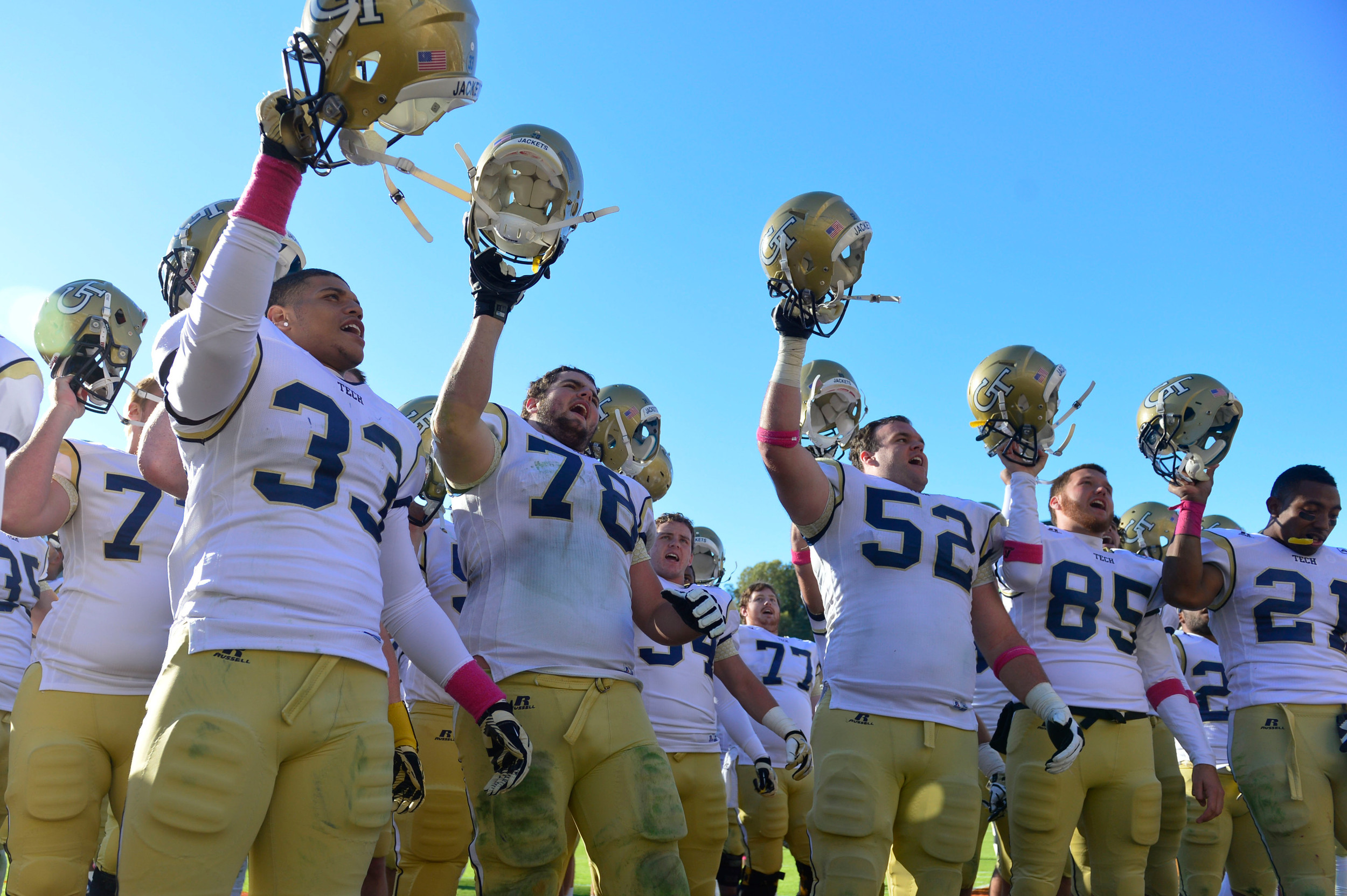 Georgia Tech Yellow Jackets players including linebacker Beau Hankins (33) and offensive linesman Trey Braun (78) and ) and offensive linesman Will Jackson (52) and punter Ryan Rodwell (85) and running back Charles Perkins (21) celebrate after the game. Mandatory Credit: Bob Donnan-USA TODAY Sports