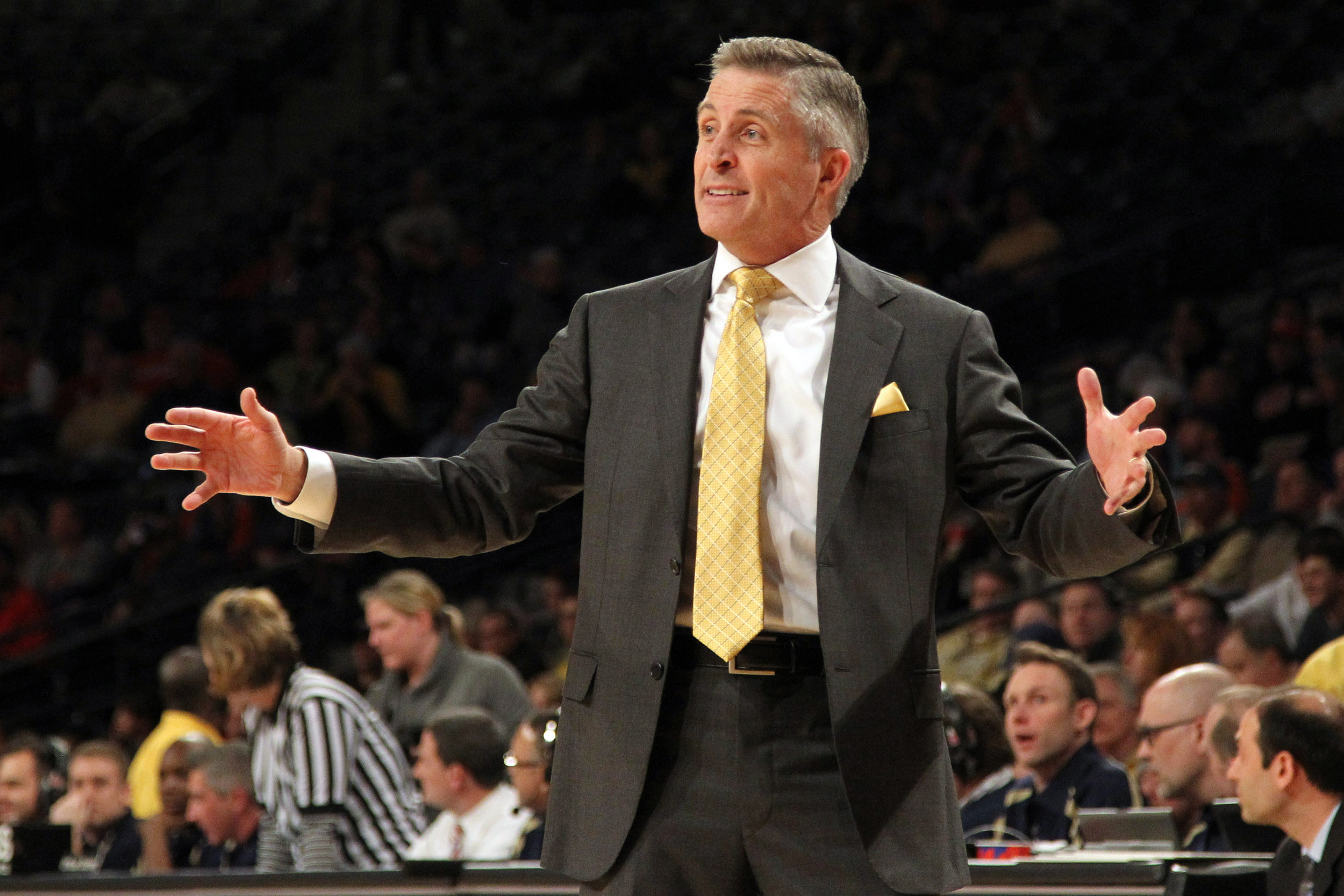 Georgia Tech Yellow Jackets head coach Brian Gregory coaches against the Clemson Tigers in the first half at McCamish Pavilion. Mandatory Credit: Brett Davis-USA TODAY Sports