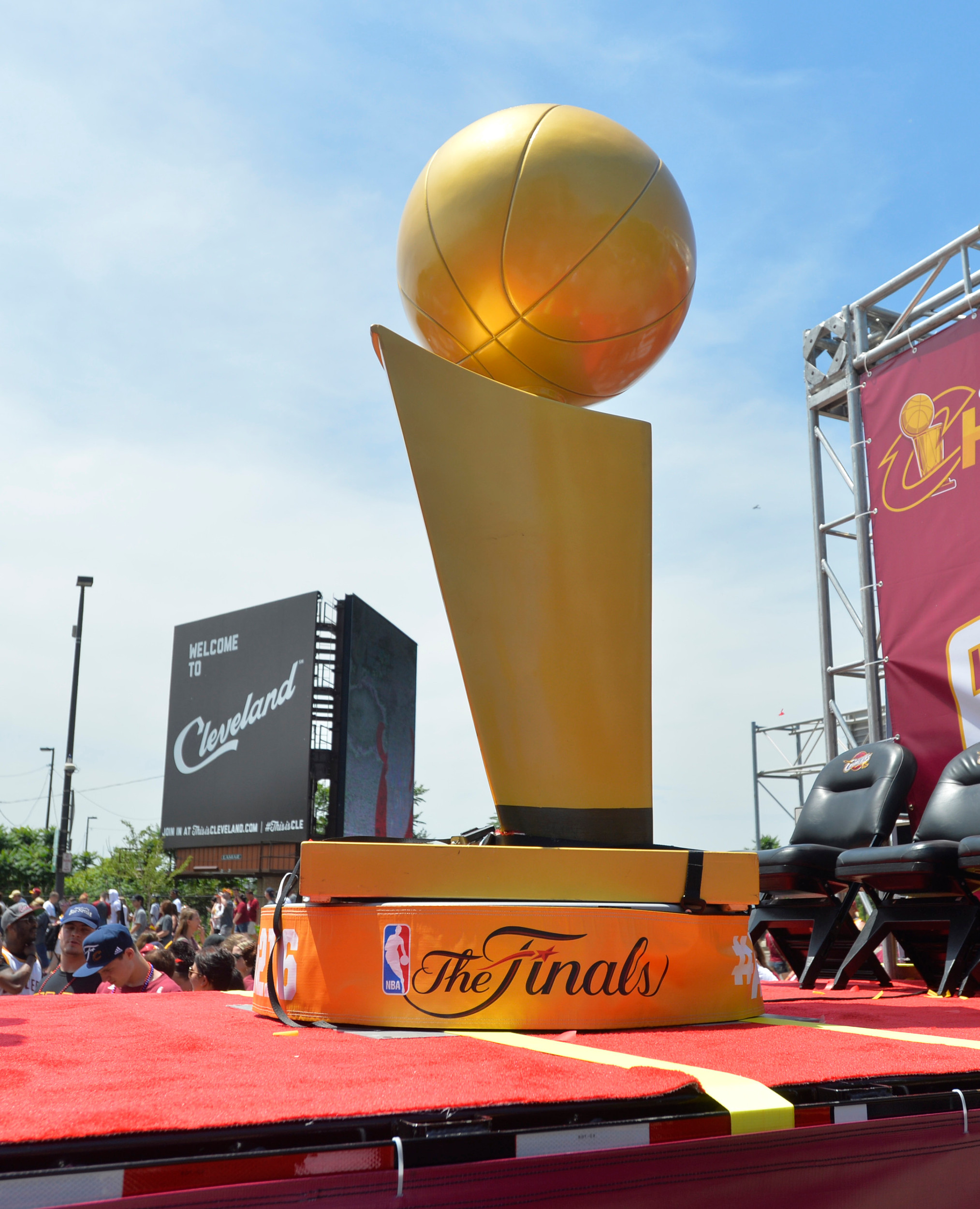 A large replica of The Larry O'Brien NBA championship trophy rides on a float during the Cleveland Cavaliers NBA championship parade in downtown Cleveland. Credit: David Richard-USA TODAY Sports