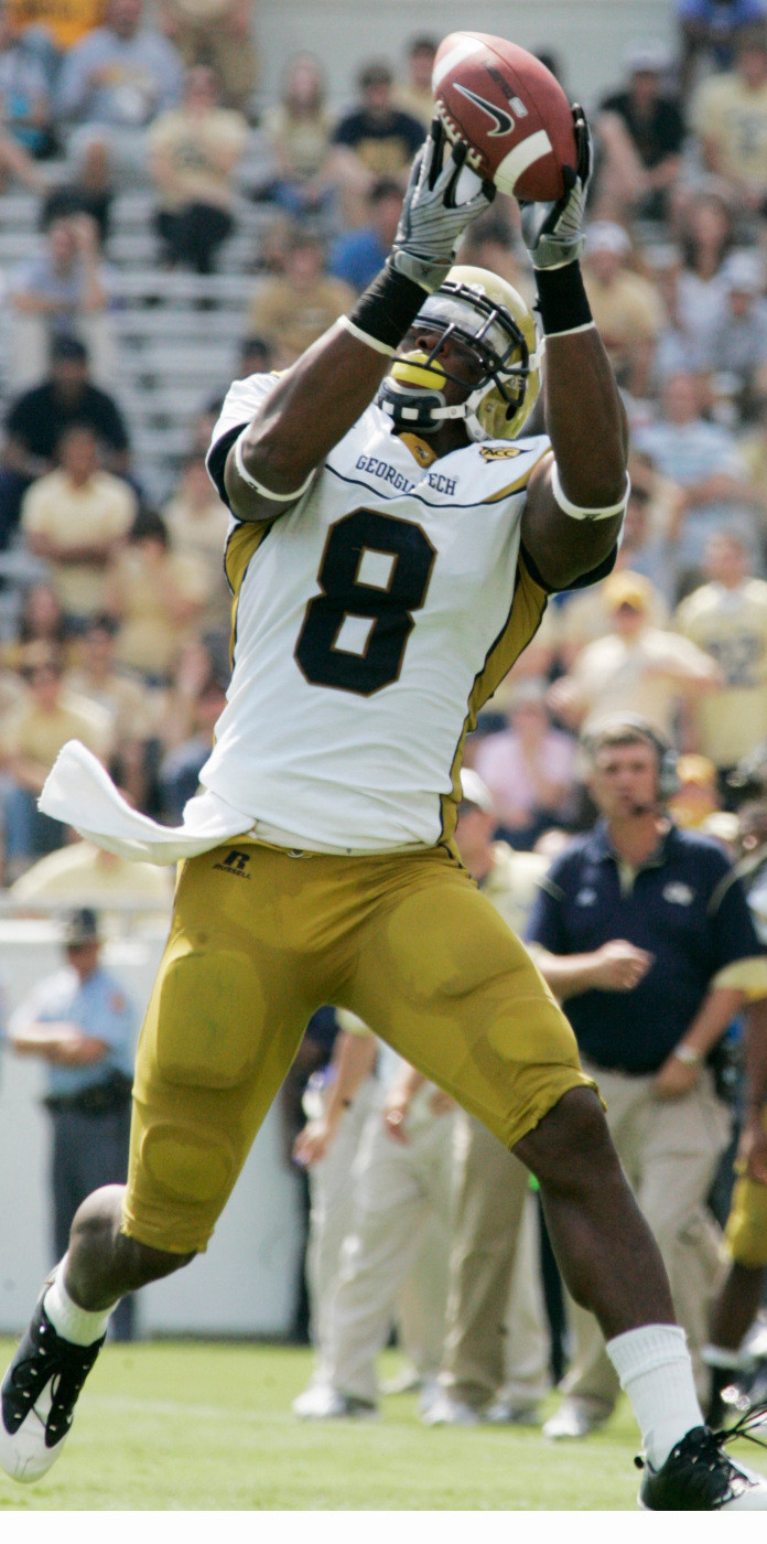 Georgia Tech wide receiver Demaryius Thomas (8) makes a reception against Duke during the first half of an NCAA college football game, Saturday, Oct. 4, 2008, in Atlanta. (AP Photo/John Amis)