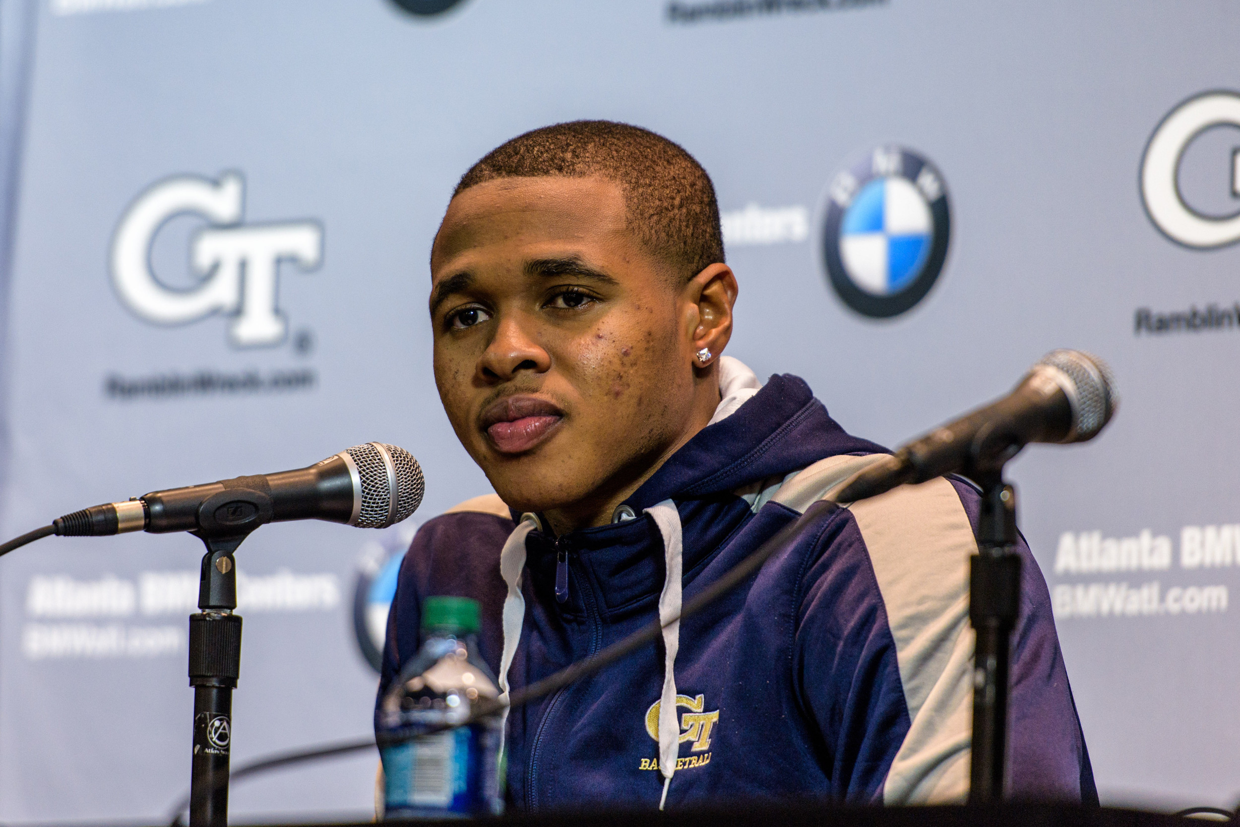 Marcus Georges-Hunt (3) talks to the media in the postgame press conference