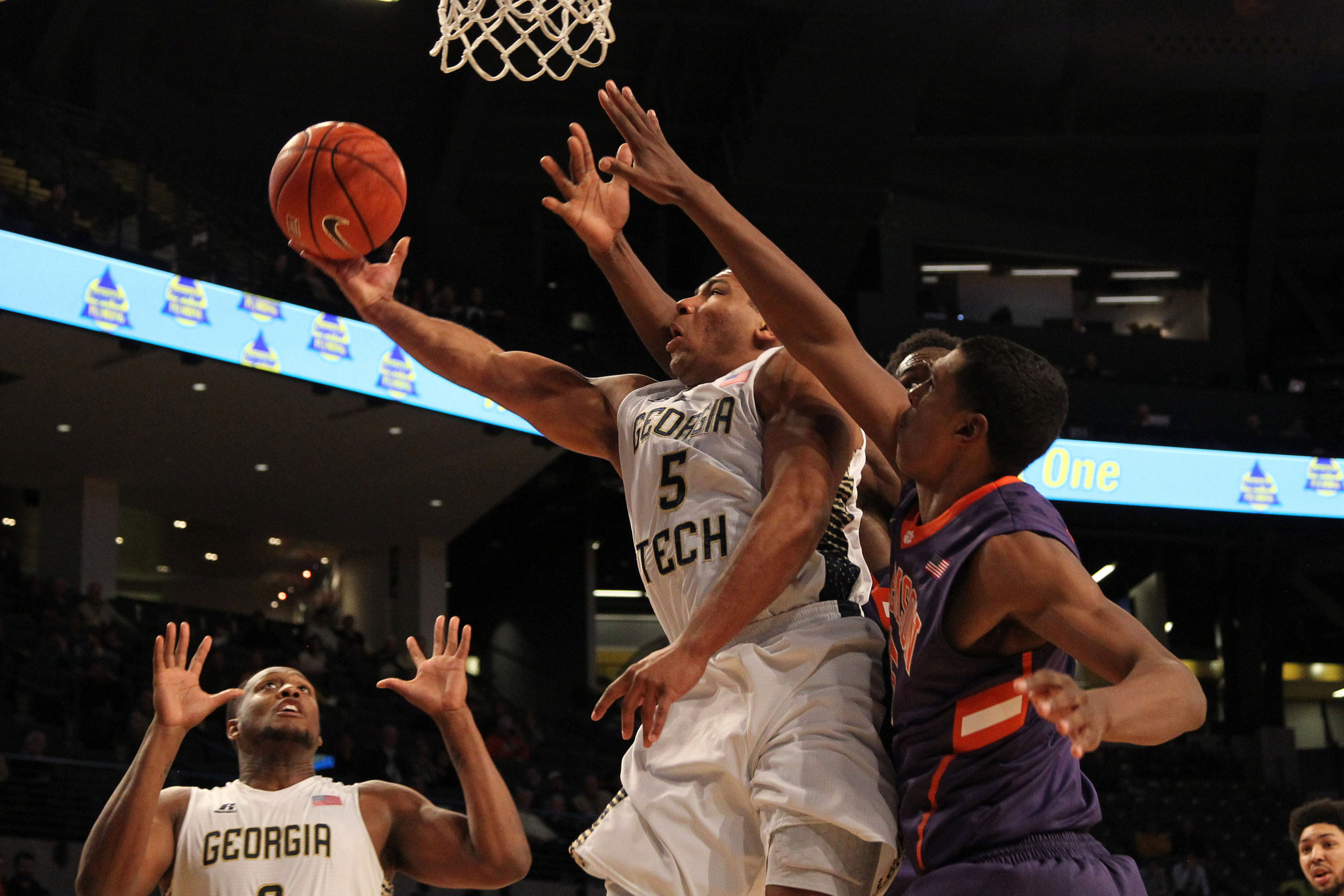Georgia Tech Yellow Jackets guard Corey Heyward (5) shoots a lay up against the Clemson Tigers in the second half at McCamish Pavilion. Georgia Tech defeated Clemson 63-52. Mandatory Credit: Brett Davis-USA TODAY Sports