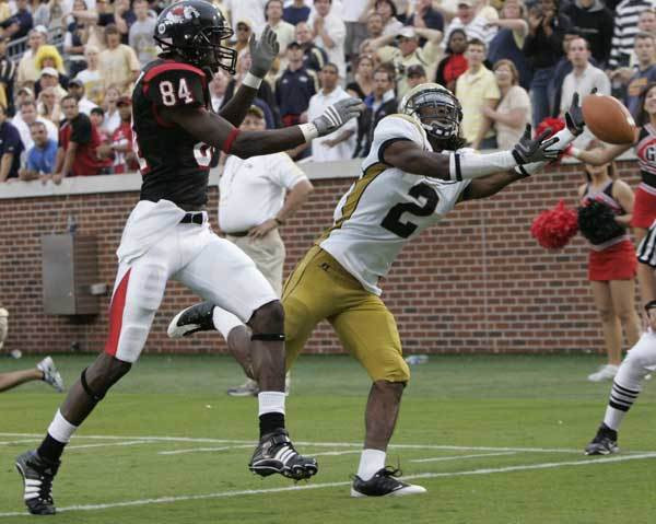 Gardner Webb wide receiver Jamal Patmon (84) and Georgia Tech cornerback Mario Butler (2) miss an overthrown pass in the end zone in the final moments that would have won the game for Gardner Webb.