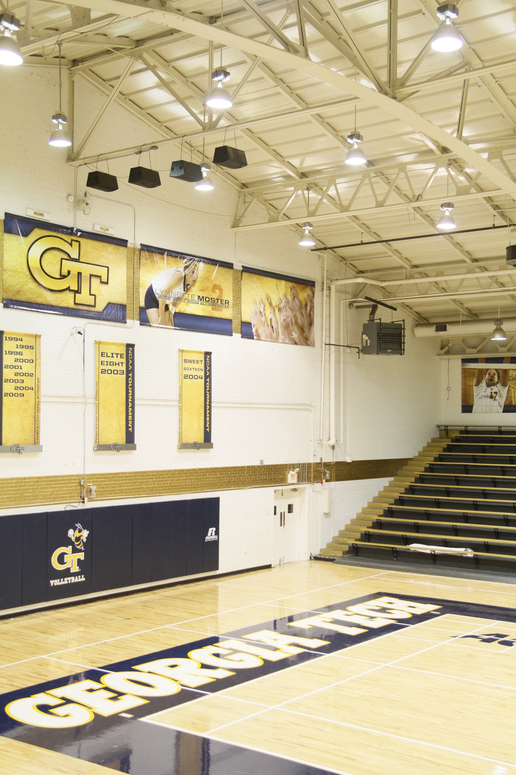 O'Keefe Gym has a new look with a new floor and banners.