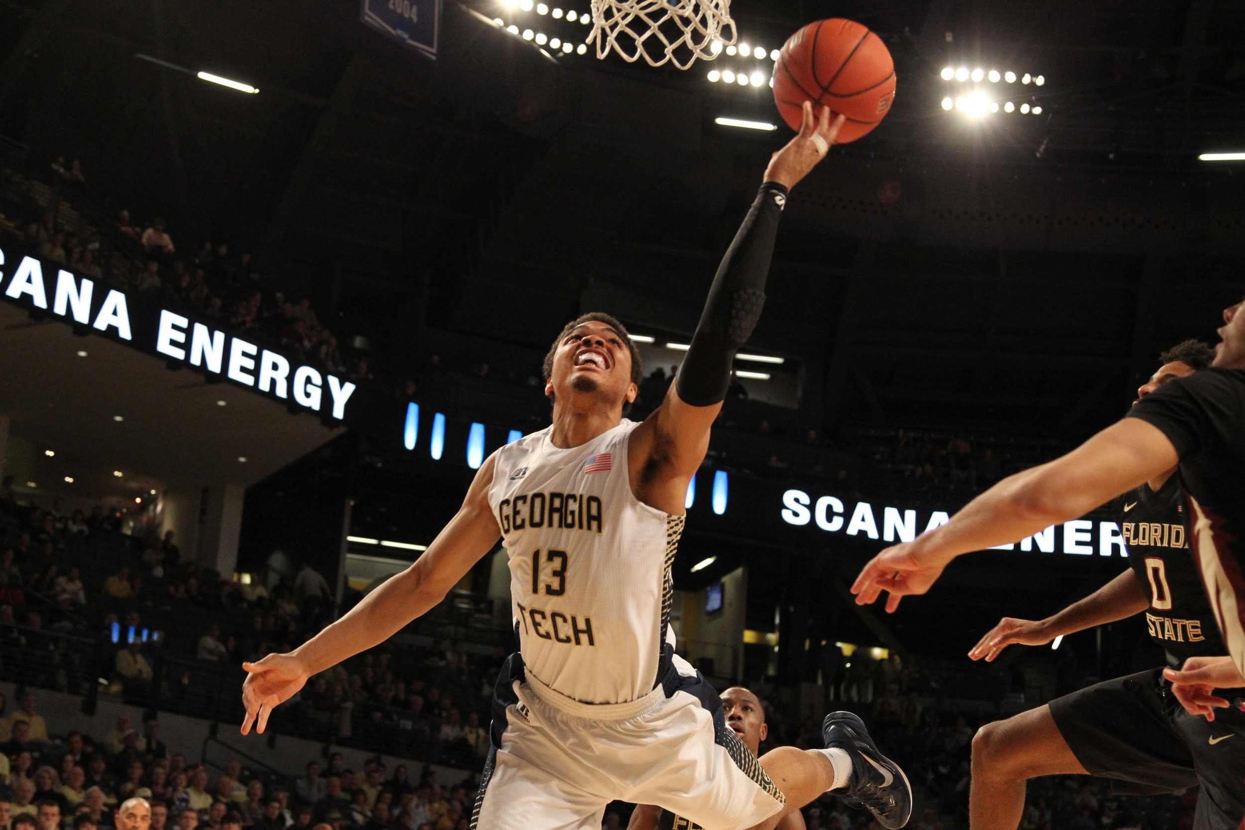 Feb 14, 2015; Atlanta, GA, USA; Georgia Tech Yellow Jackets forward Robert Sampson (13) shoots the ball against the Florida State Seminoles in the second half at McCamish Pavilion. Florida State defeated Georgia Tech 57-53.
