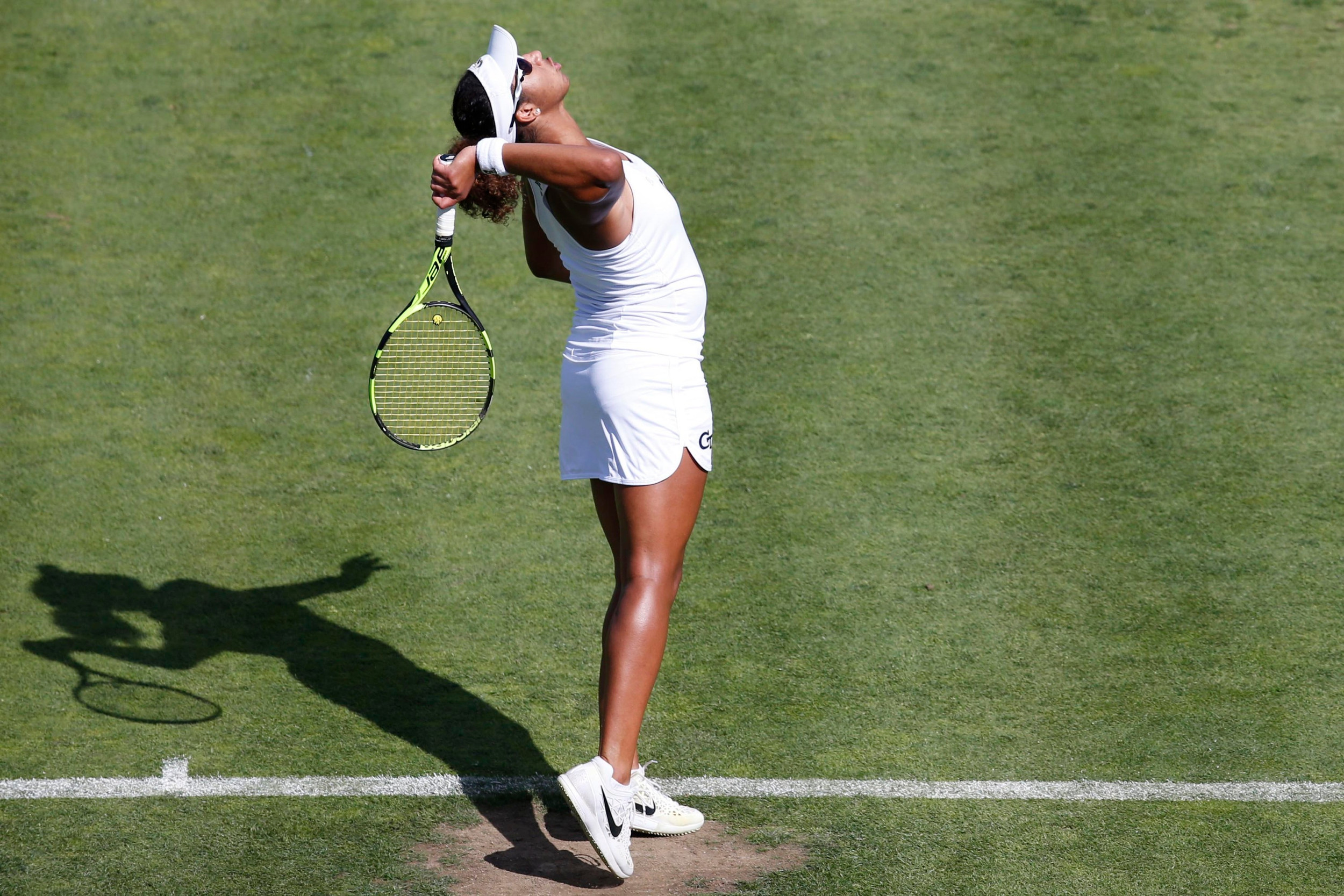 Rasheeda MacAdoo makes a serve during a match at the Hall of Fame Tennis Club. Credit: Greg M. Cooper-USA TODAY Sports