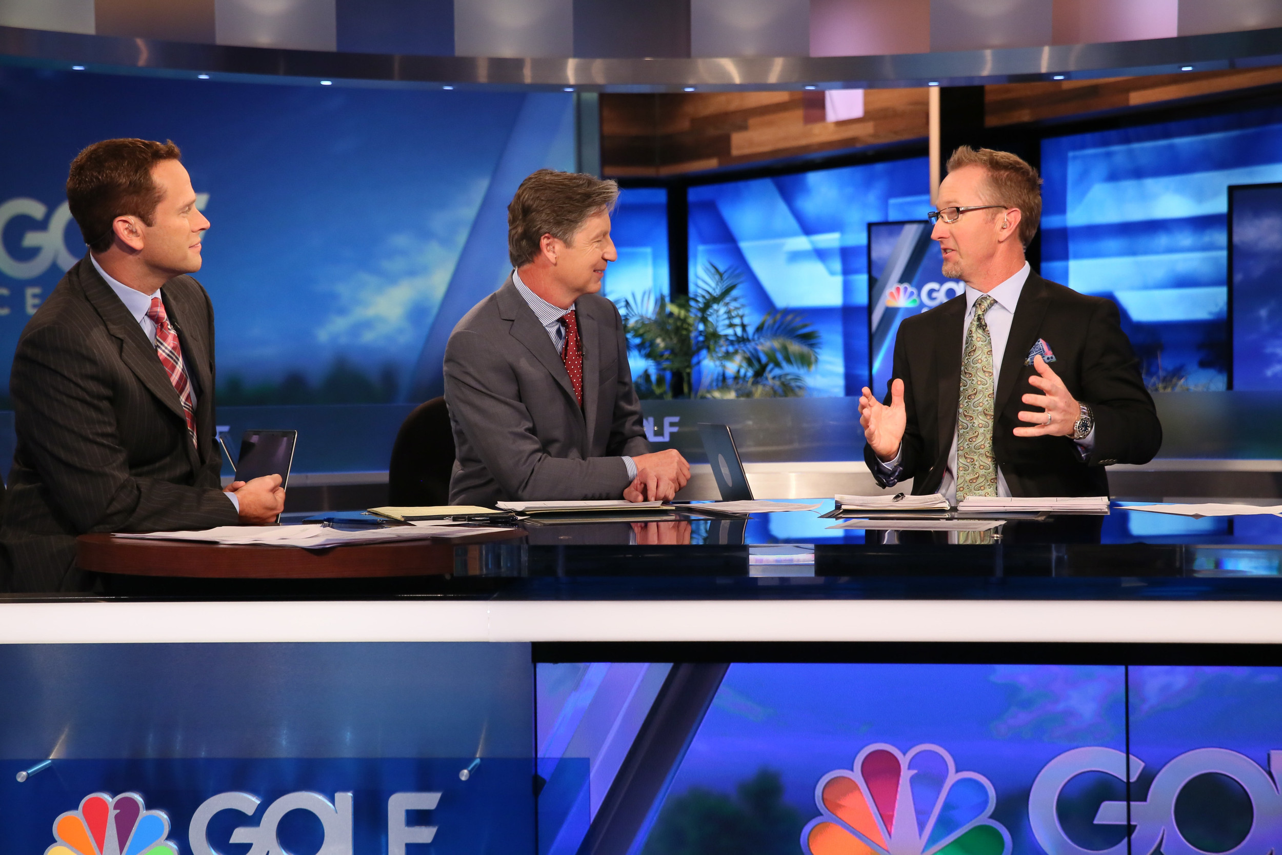 Golf Central-- Season: 2015-- Pictured: -Ryan Burr, Brandel Chamblee, David Duval- (Photo by: Jessica Danser/Golf Channel)