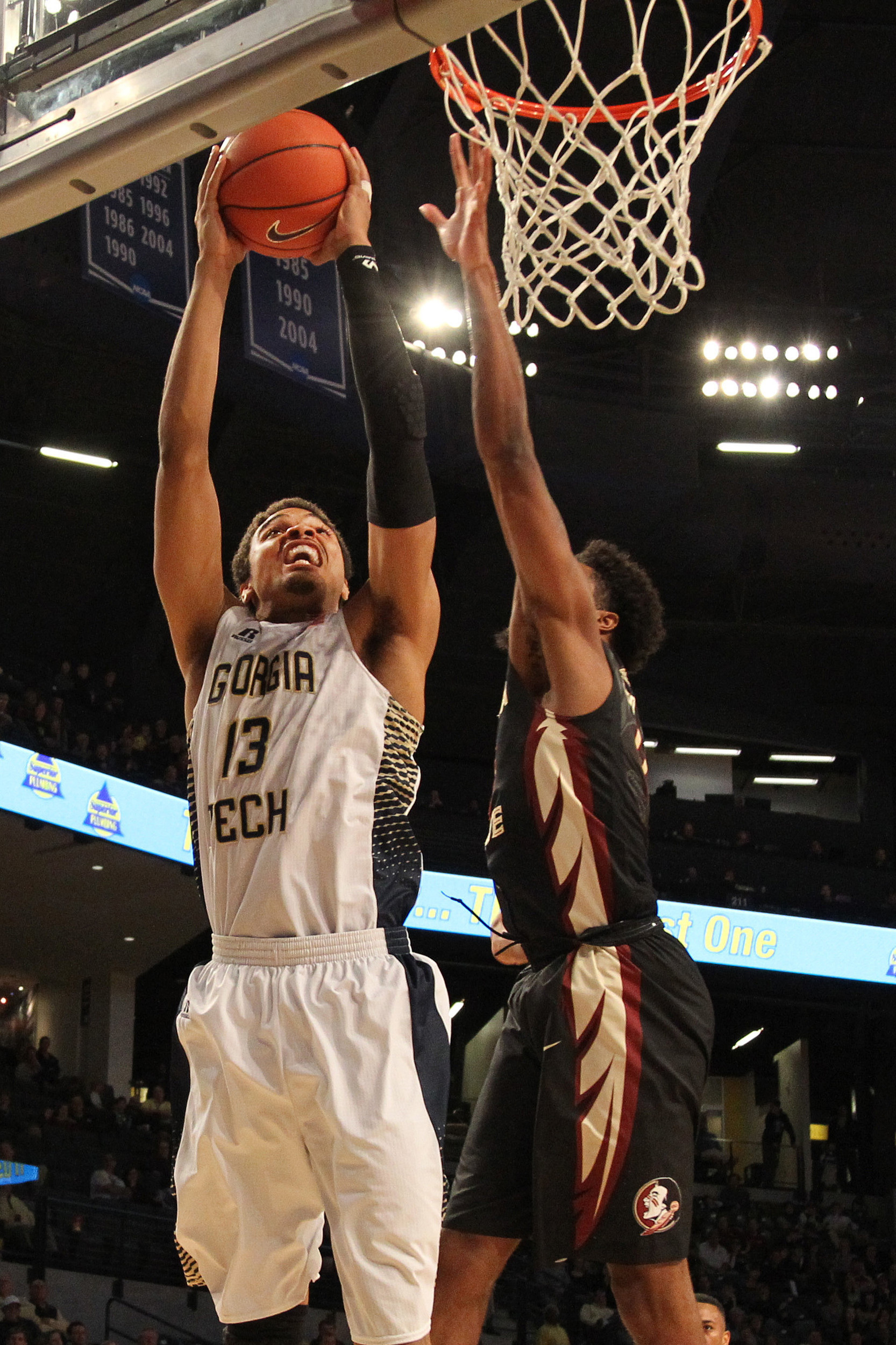 Feb 14, 2015; Atlanta, GA, USA; Georgia Tech Yellow Jackets forward Robert Sampson (13) shoots the ball against the Florida State Seminoles in the second half at McCamish Pavilion. Florida State defeated Georgia Tech 57-53.