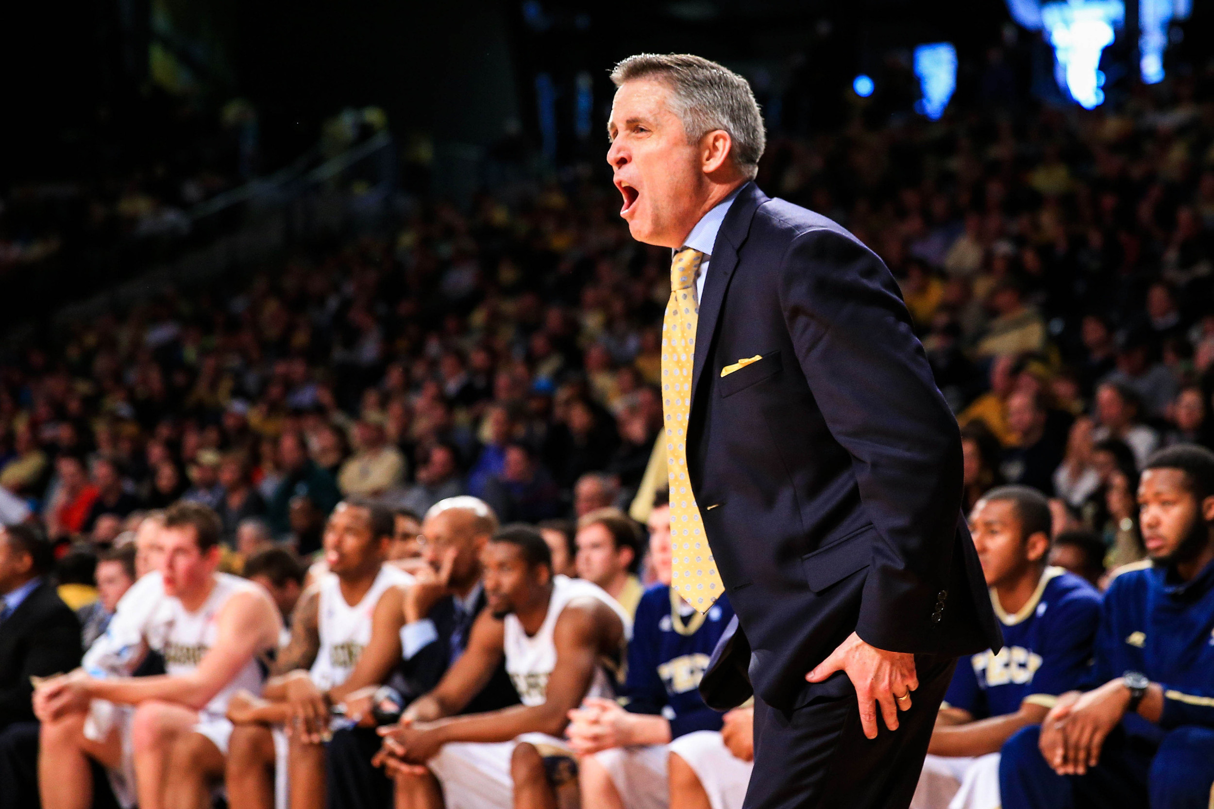 Jan 11, 2014; Atlanta, GA, USA; Georgia Tech Yellow Jackets head coach Brian Gregory reacts to a play in the second half against the Notre Dame Fighting Irish at Hank McCamish Pavilion. Georgia Tech won 74-69. Mandatory Credit: Daniel Shirey-USA TODAY Sports