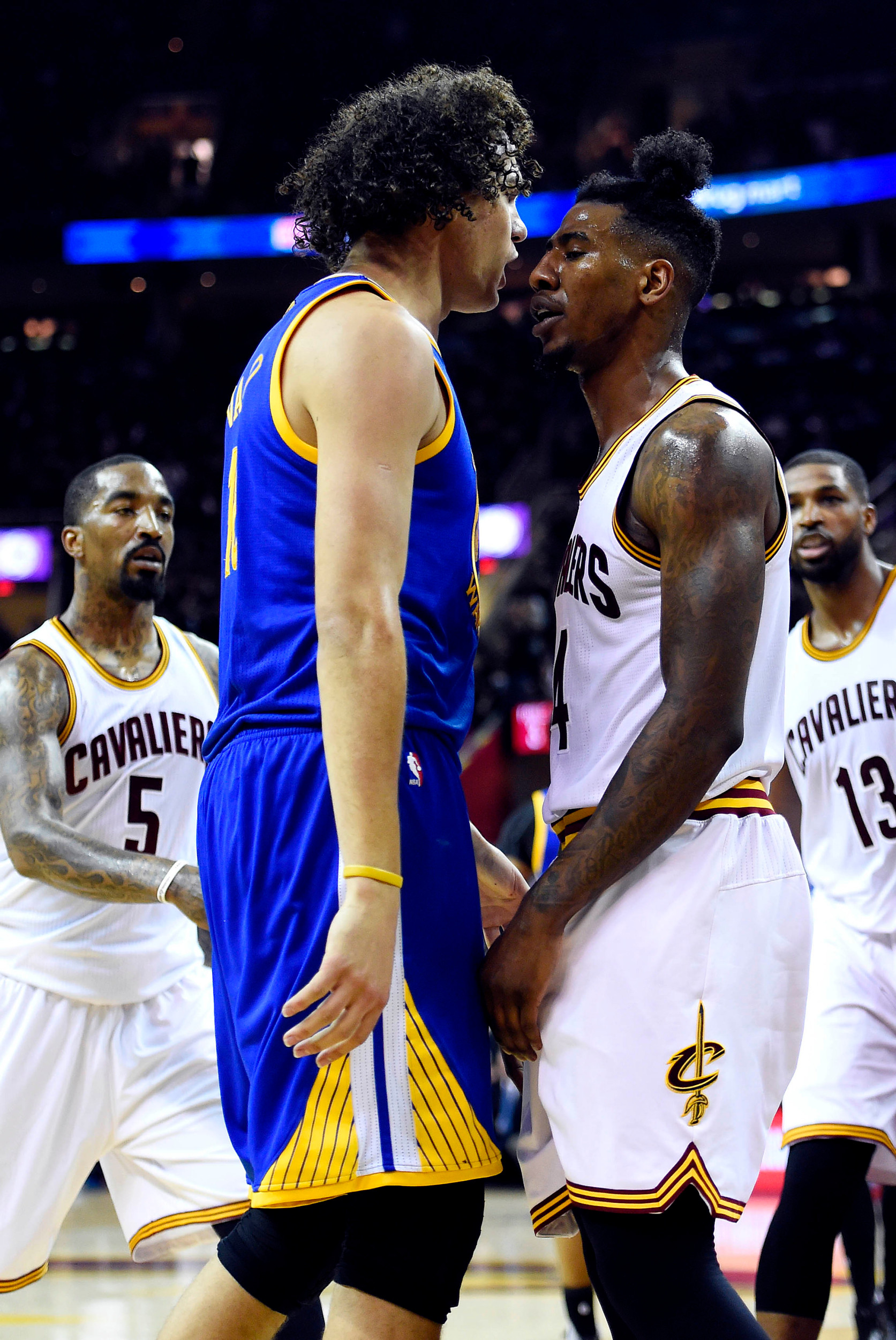 Jun 16, 2016; Cleveland, OH, USA; Golden State Warriors forward Anderson Varejao (18) confronts Cleveland Cavaliers guard Iman Shumpert (4) during game six of the NBA Finals. Credit: Bob Donnan-USA TODAY Sports