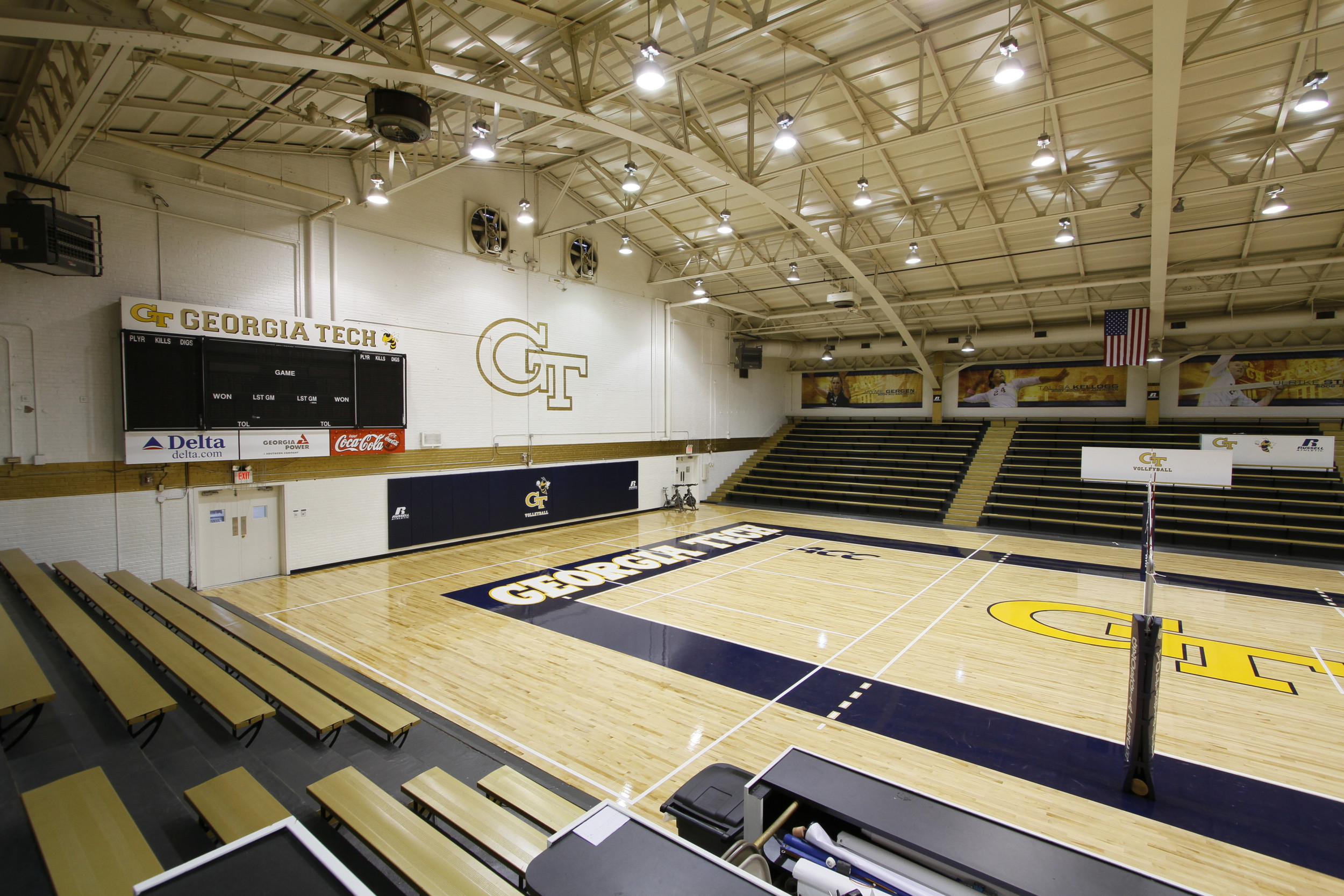 O'Keefe Gym has a new look with a new floor and banners.